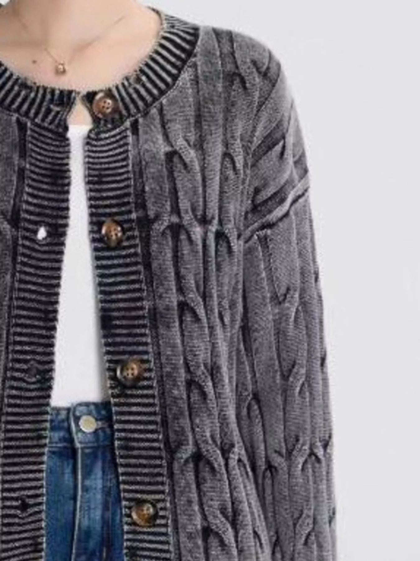 Cable Knit Button Up Cardigan designed for comfort and style at Lookzlike