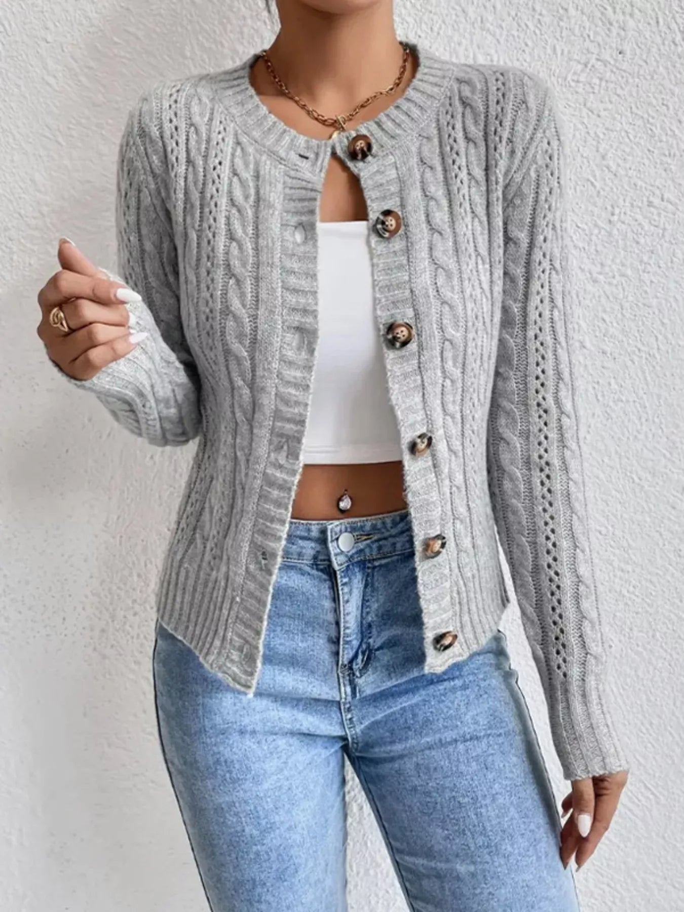Cable Knit Button - Up Cardigan designed for comfort and style at Lookzlike