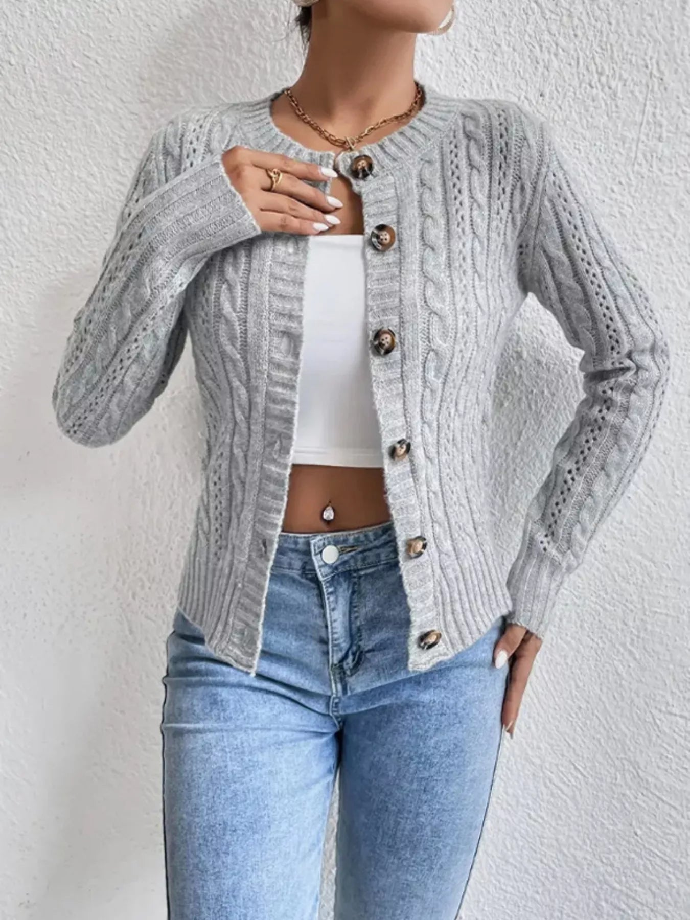 Cable Knit Button - Up Cardigan designed for comfort and style at Lookzlike