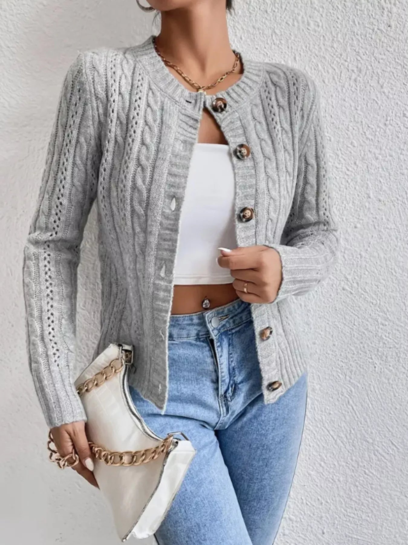Cable Knit Button - Up Cardigan designed for comfort and style at Lookzlike