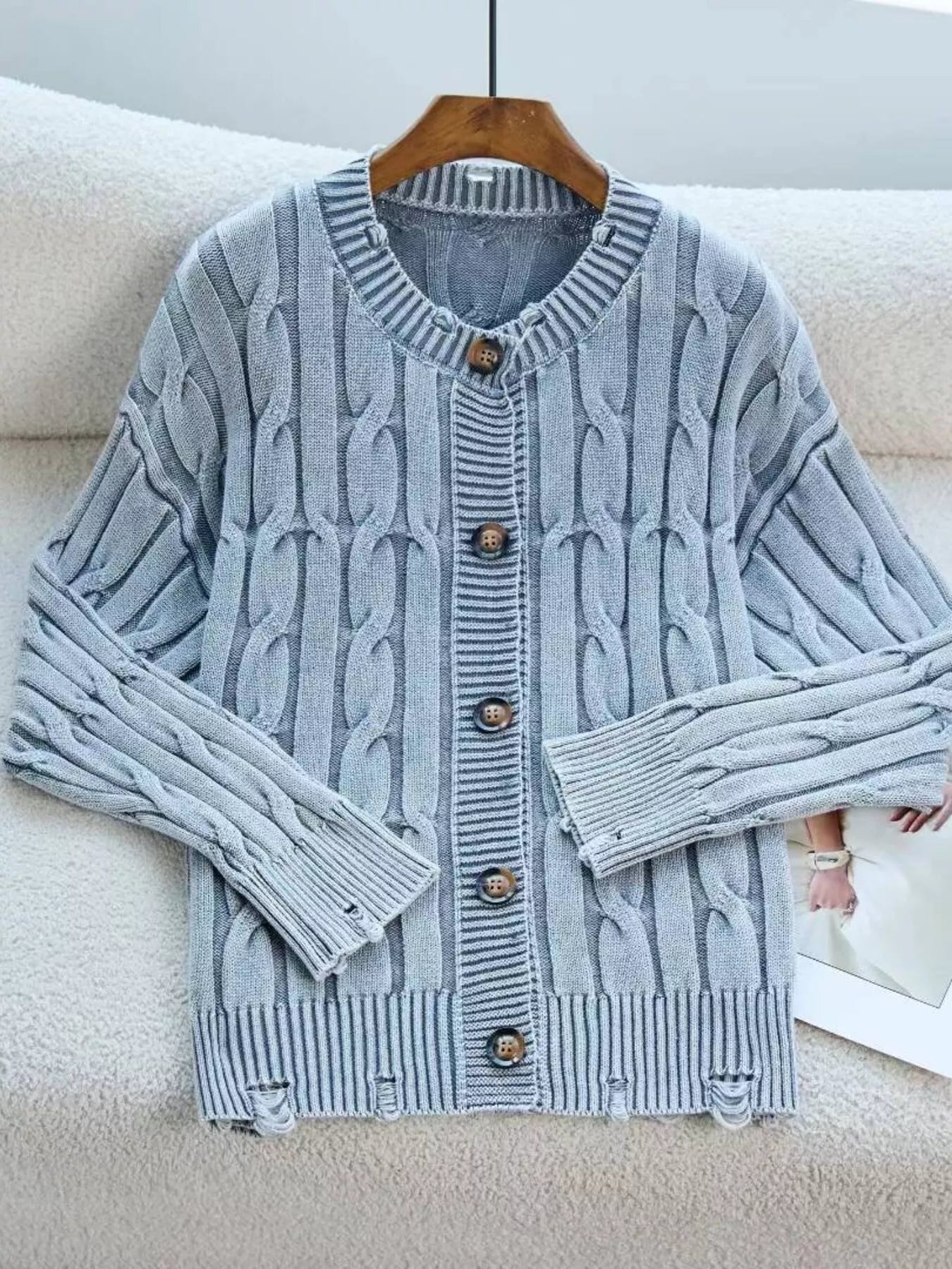 Cable Knit Button Up Cardigan designed for comfort and style at Lookzlike
