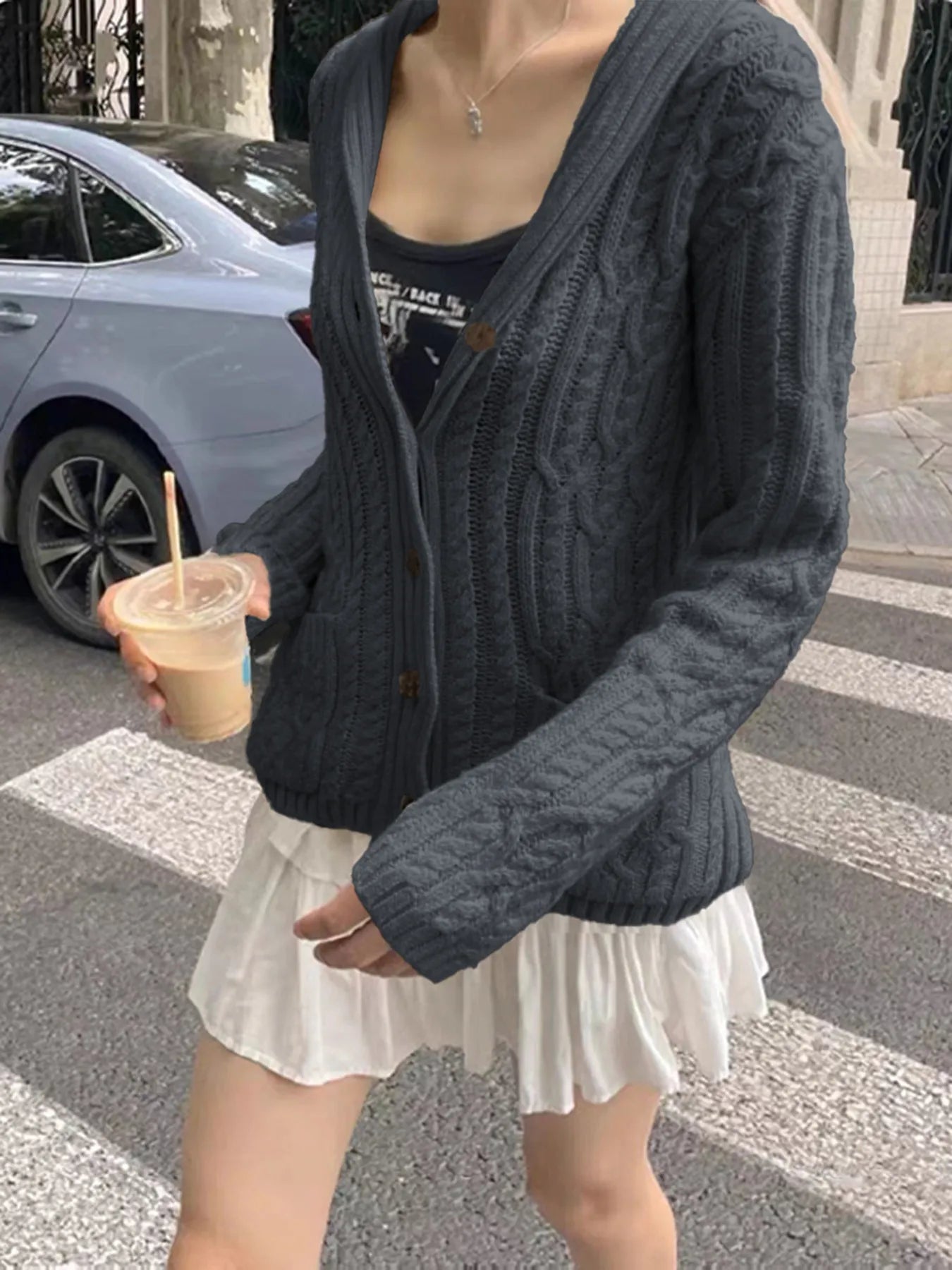 Cable Knit Button Up Cardigan designed for comfort and style at Lookzlike