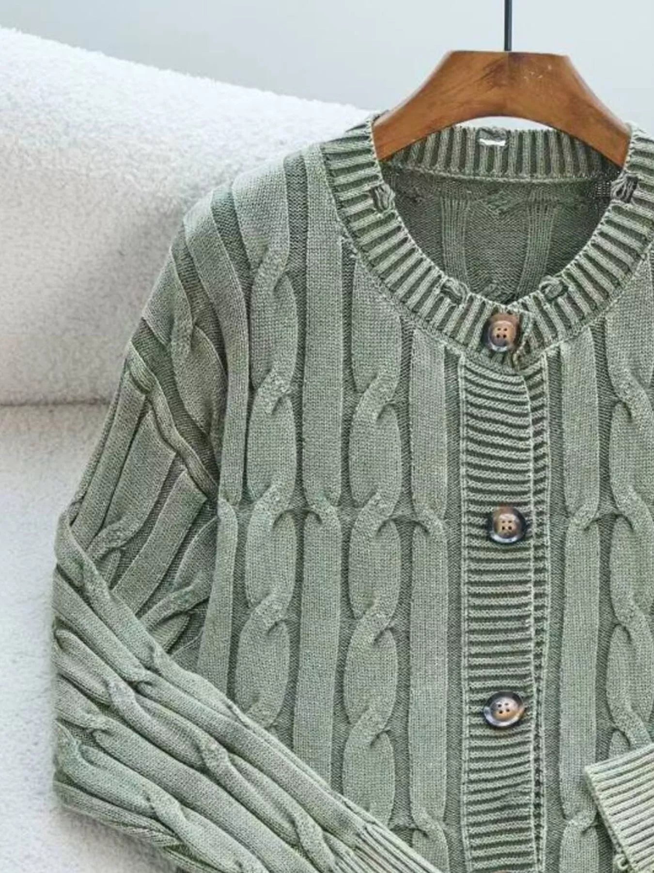 Cable Knit Button Up Cardigan designed for comfort and style at Lookzlike