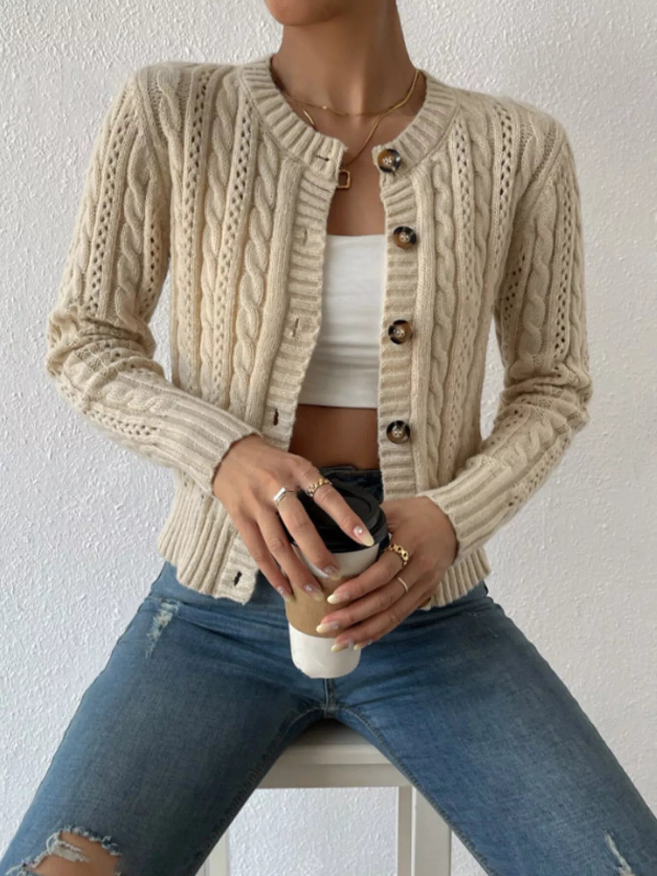 Cable Knit Button - Up Cardigan designed for comfort and style at Lookzlike