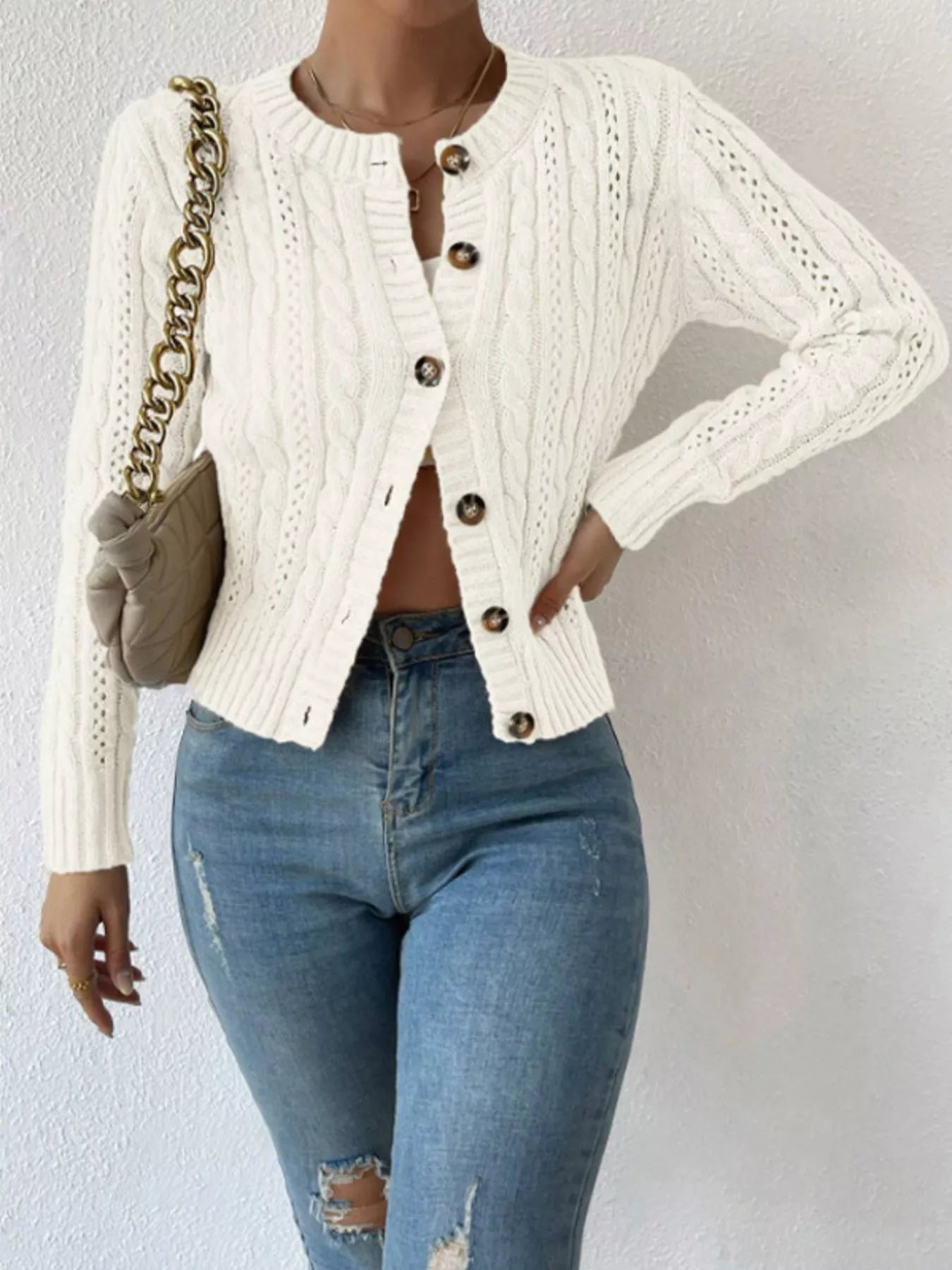 Cable Knit Button - Up Cardigan designed for comfort and style at Lookzlike