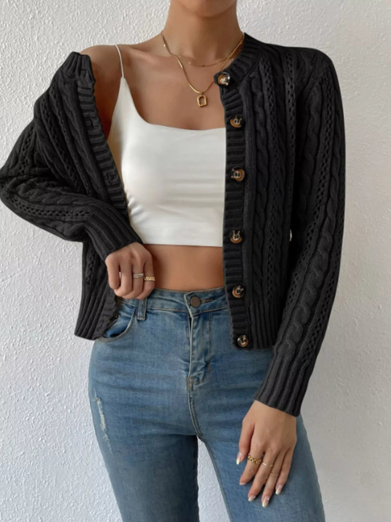 Cable Knit Button - Up Cardigan designed for comfort and style at Lookzlike