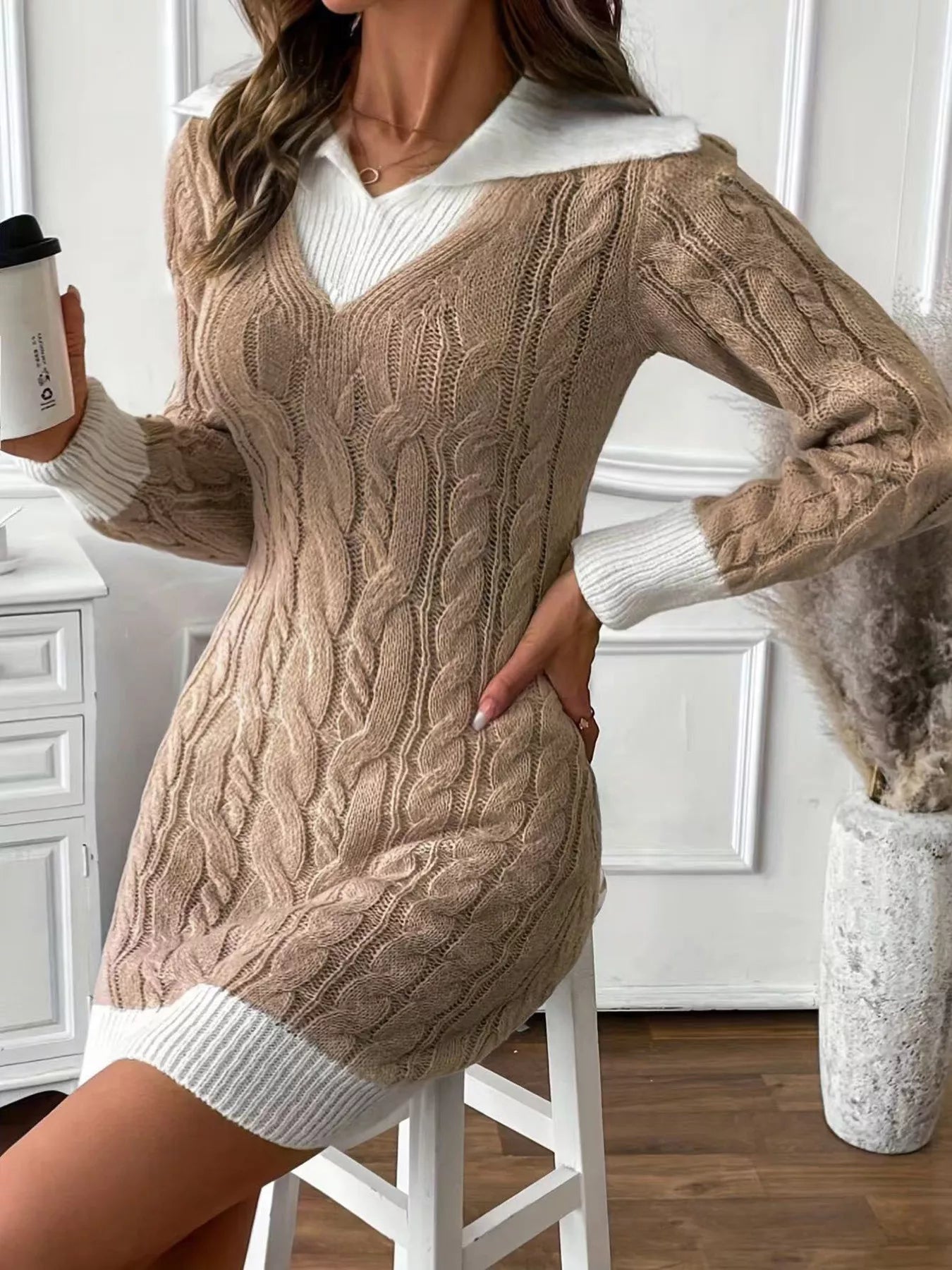 Cable Knit Contrast Trim Sweater Dress designed for comfort and style at Lookzlike