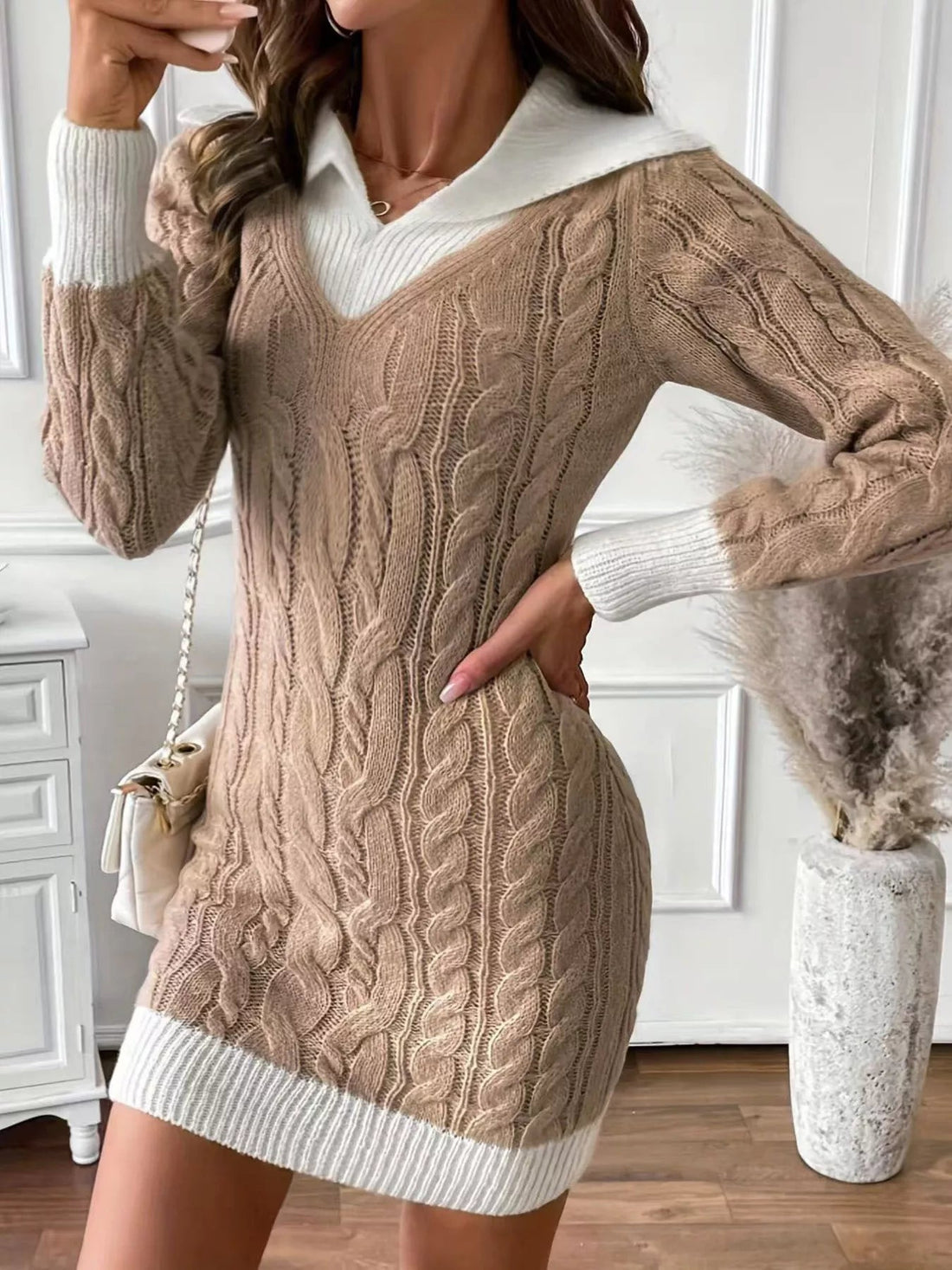 Cable Knit Contrast Trim Sweater Dress designed for comfort and style at Lookzlike