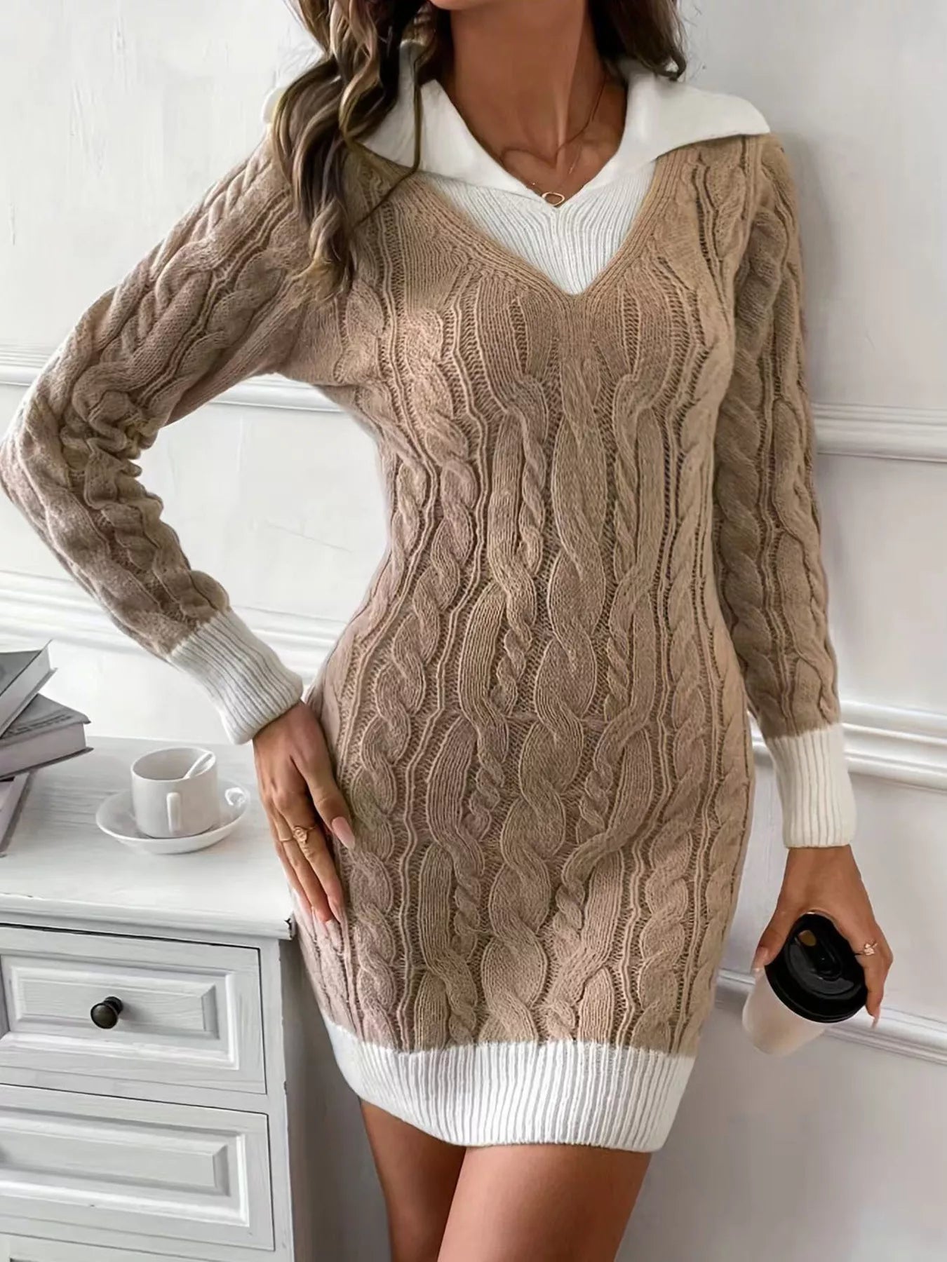 Cable Knit Contrast Trim Sweater Dress designed for comfort and style at Lookzlike
