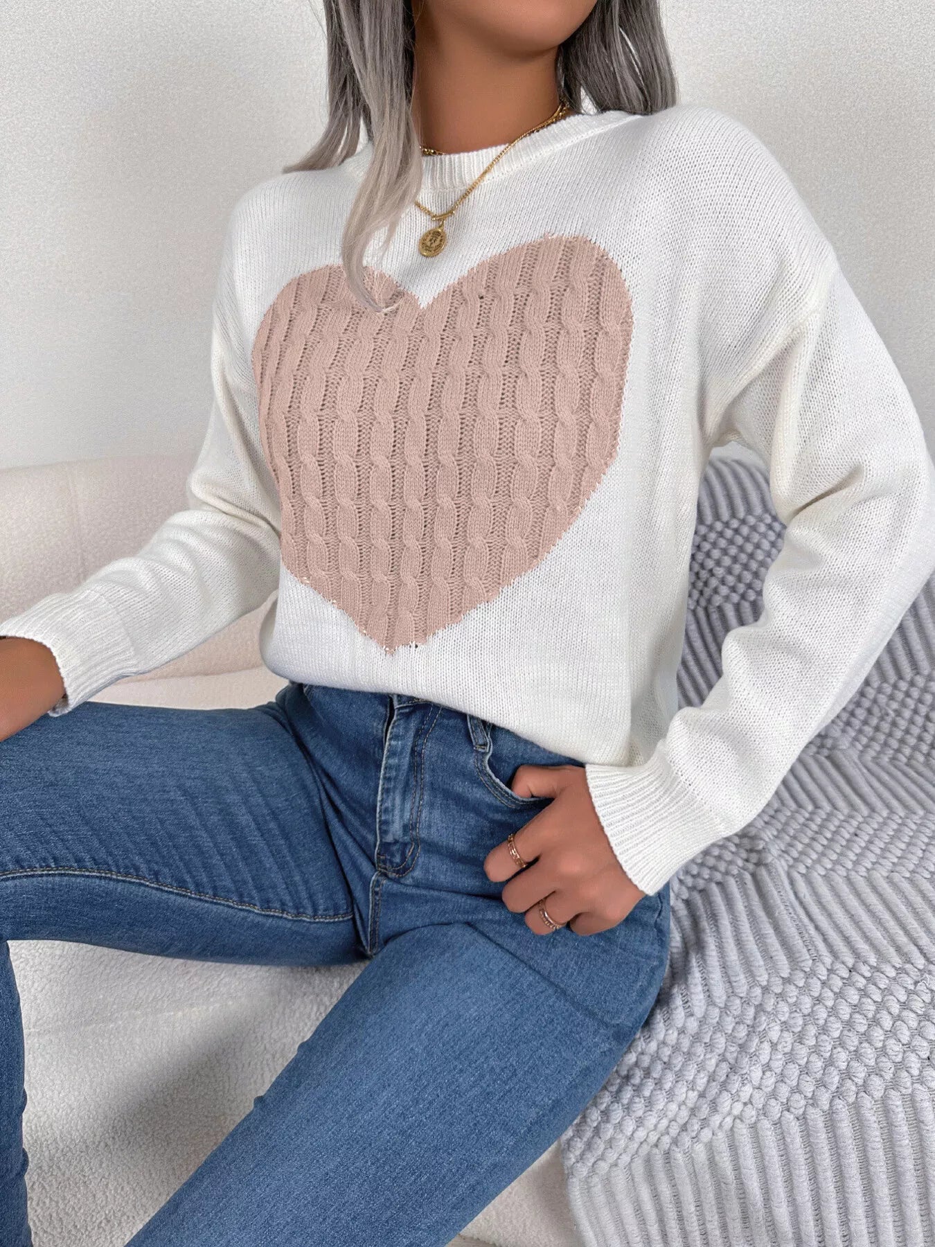 Cable Knit Heart Round Neck Sweater designed for comfort and style at Lookzlike
