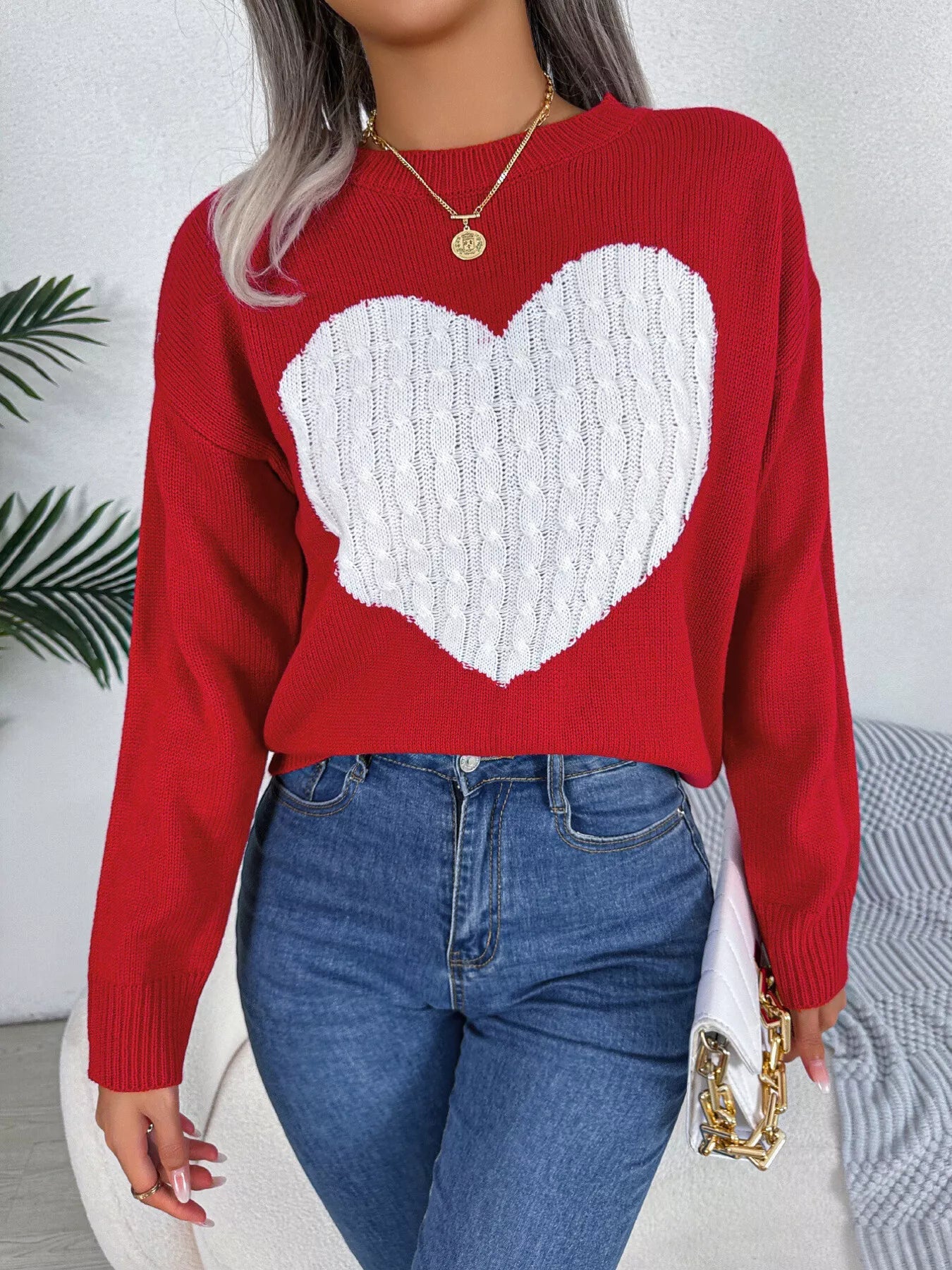 Cable Knit Heart Round Neck Sweater designed for comfort and style at Lookzlike