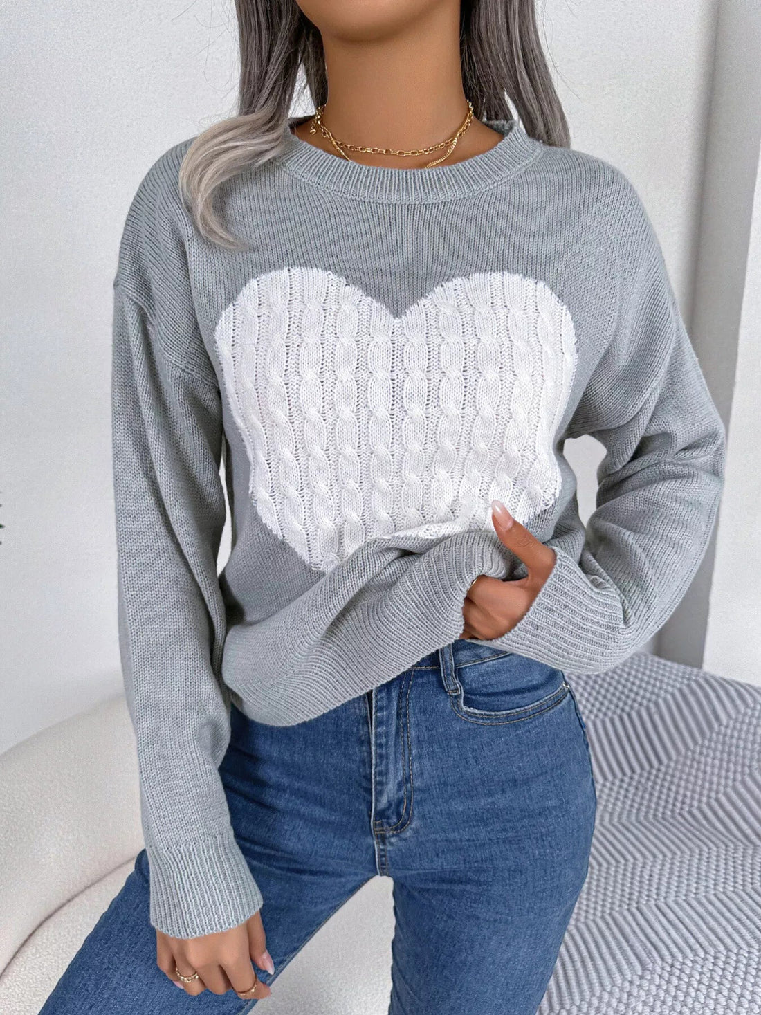 Cable Knit Heart Round Neck Sweater designed for comfort and style at Lookzlike