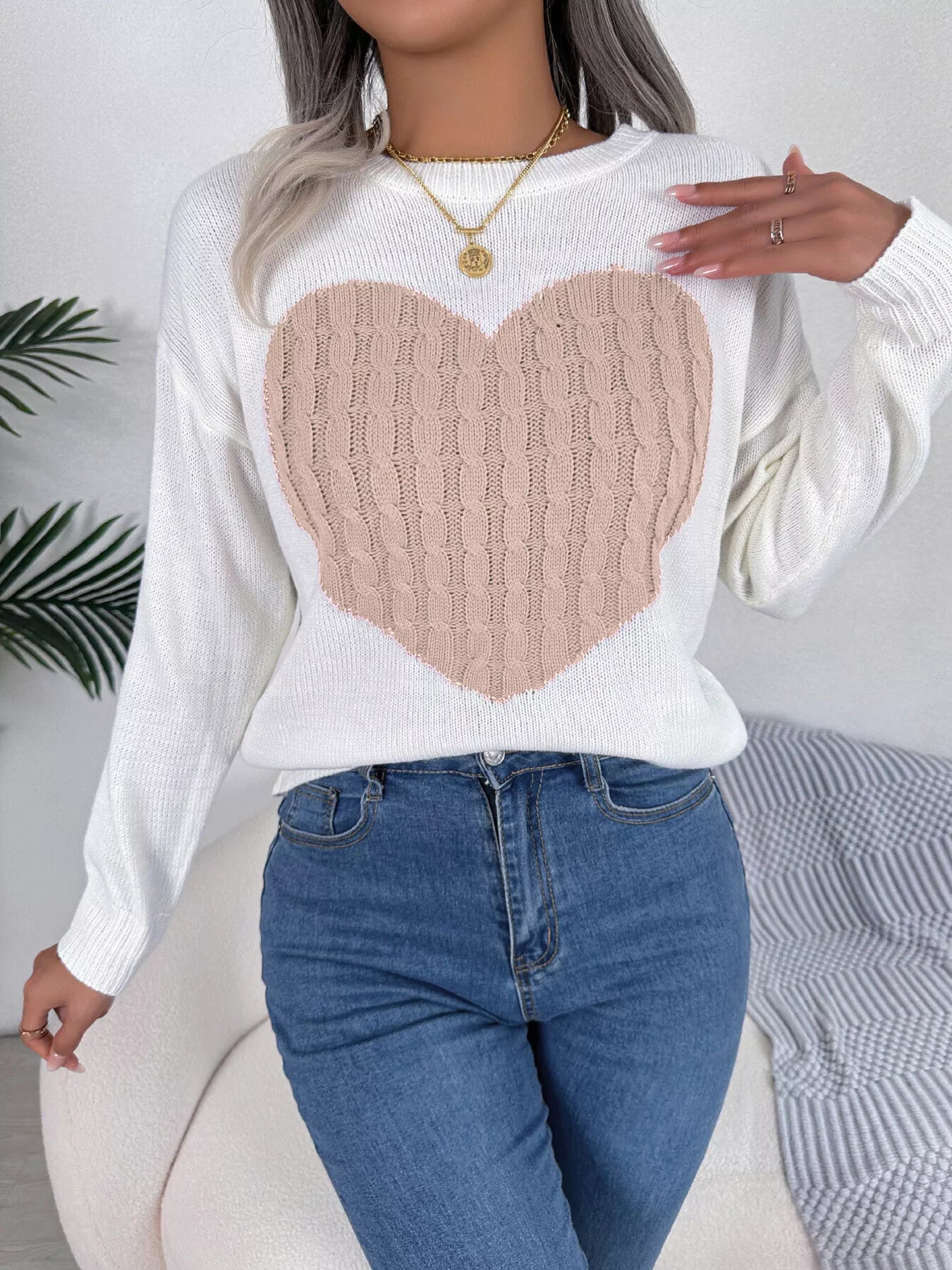 Cable Knit Heart Round Neck Sweater designed for comfort and style at Lookzlike