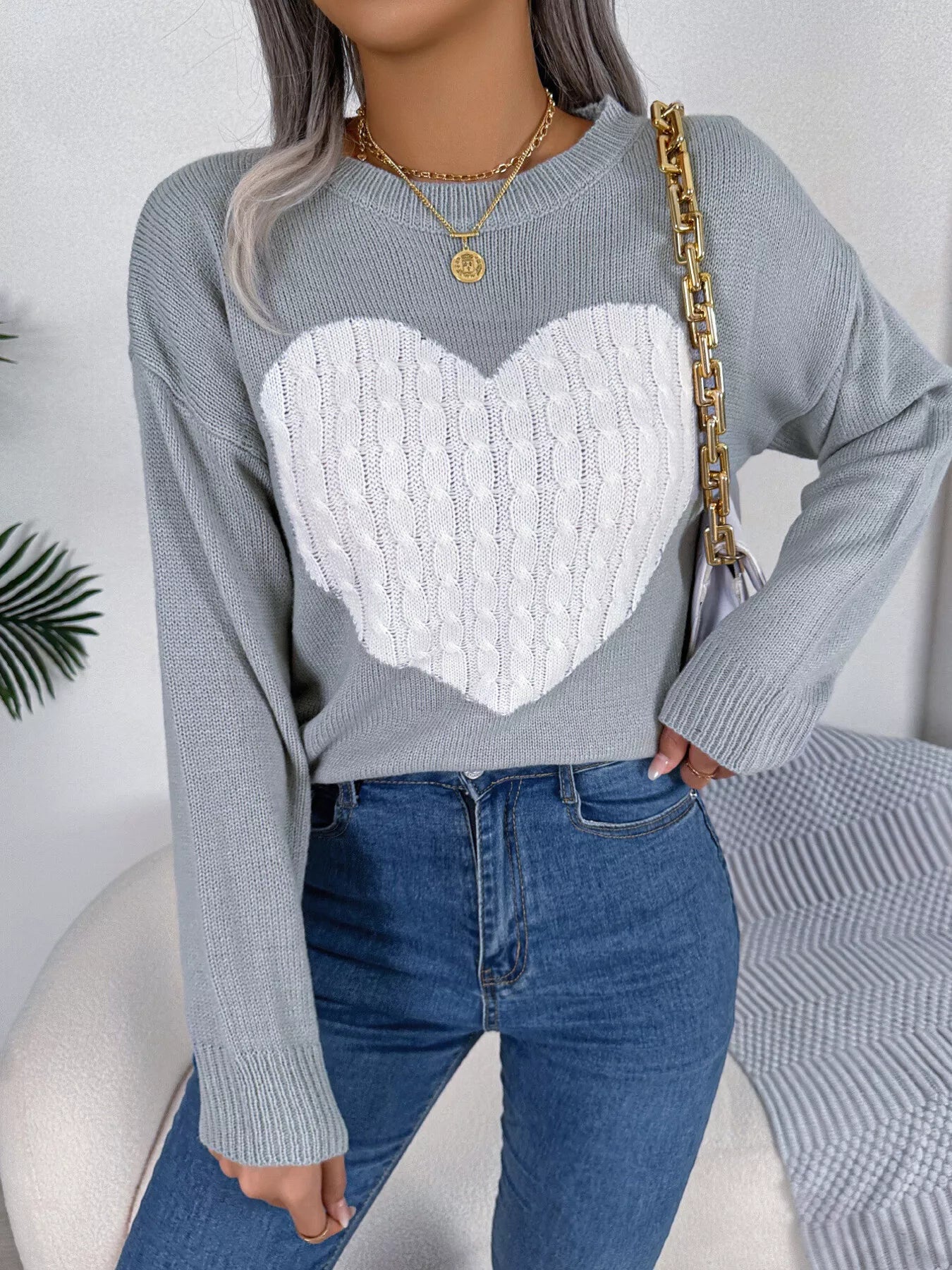 Cable Knit Heart Round Neck Sweater designed for comfort and style at Lookzlike