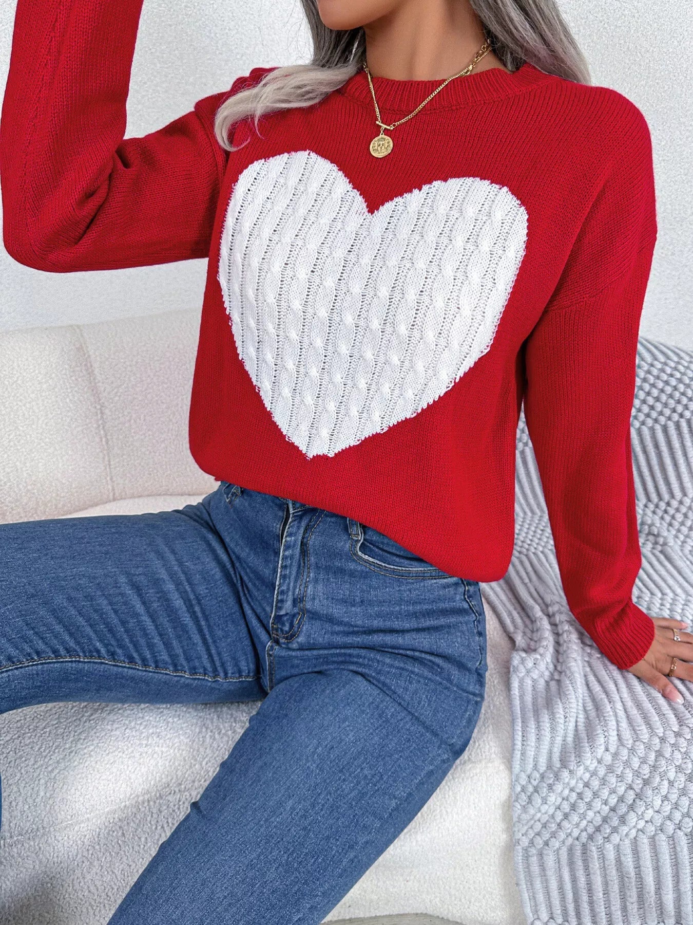 Cable Knit Heart Round Neck Sweater designed for comfort and style at Lookzlike