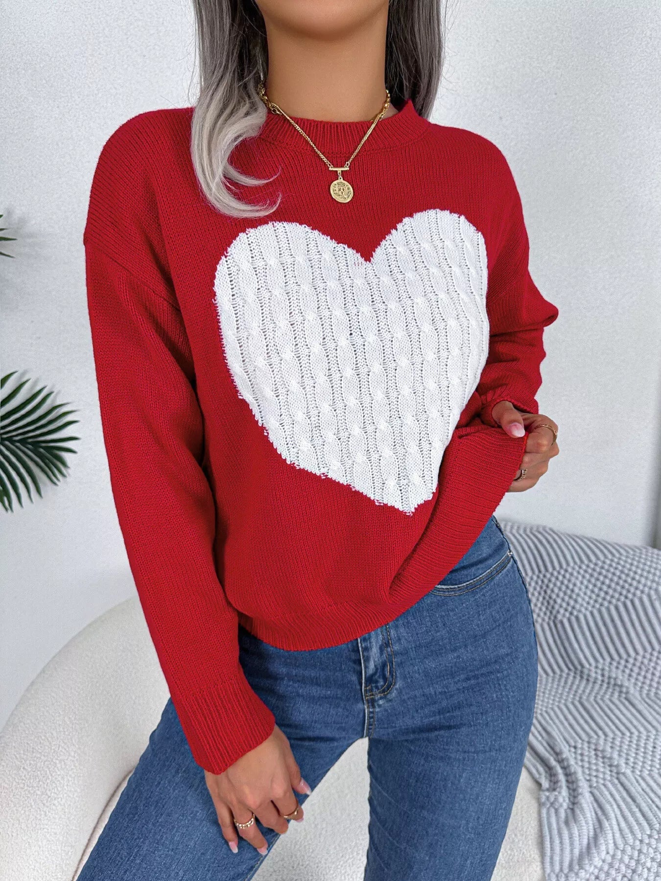 Cable Knit Heart Round Neck Sweater designed for comfort and style at Lookzlike
