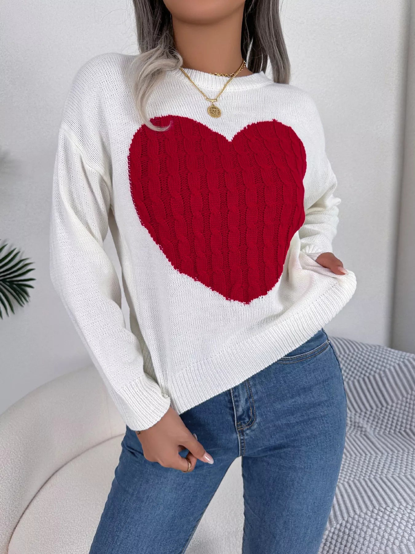 Cable Knit Heart Round Neck Sweater designed for comfort and style at Lookzlike