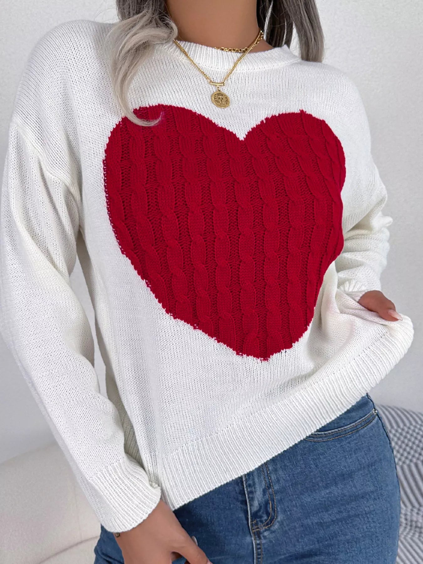 Cable Knit Heart Round Neck Sweater designed for comfort and style at Lookzlike