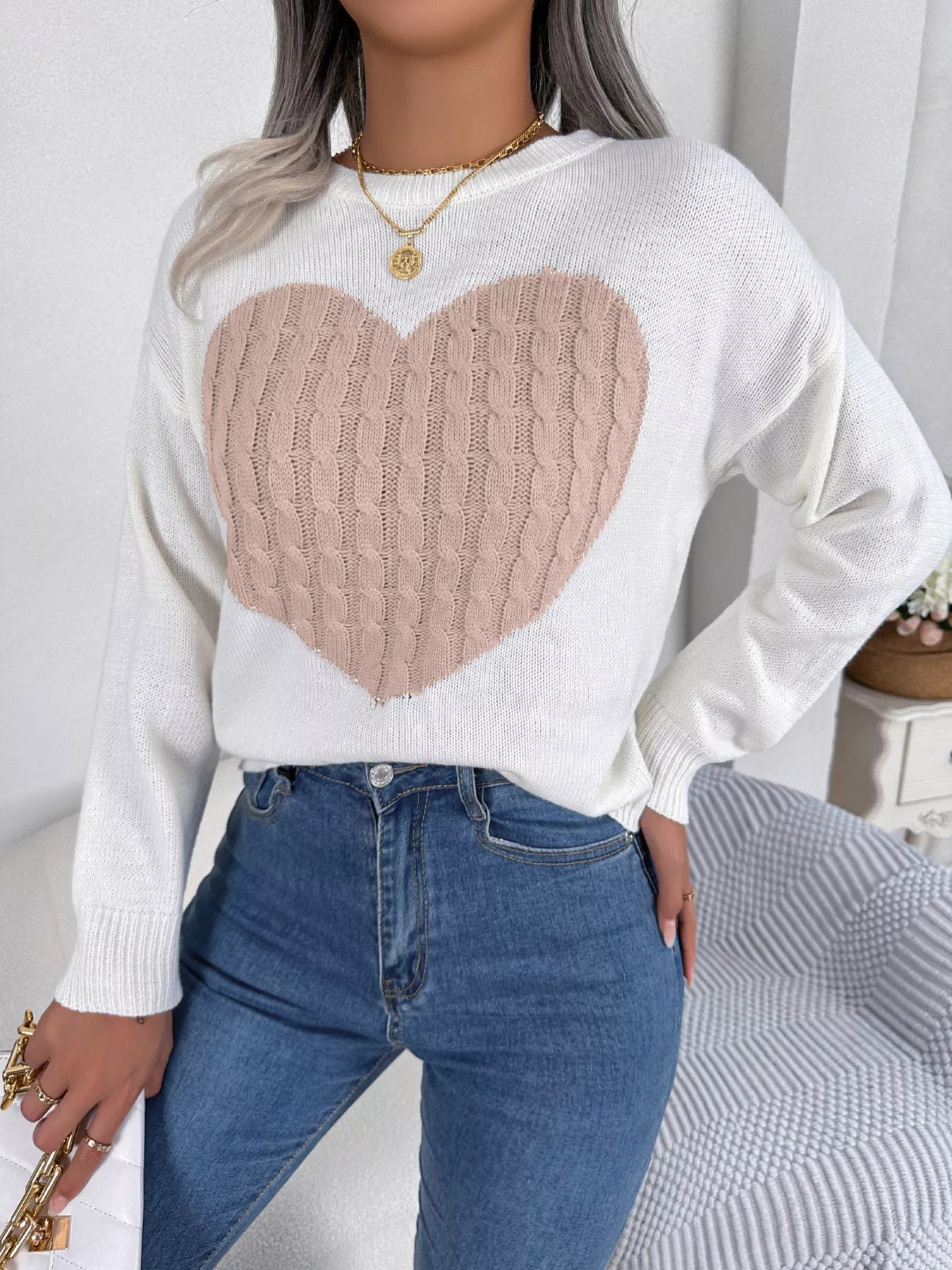 Cable Knit Heart Round Neck Sweater designed for comfort and style at Lookzlike