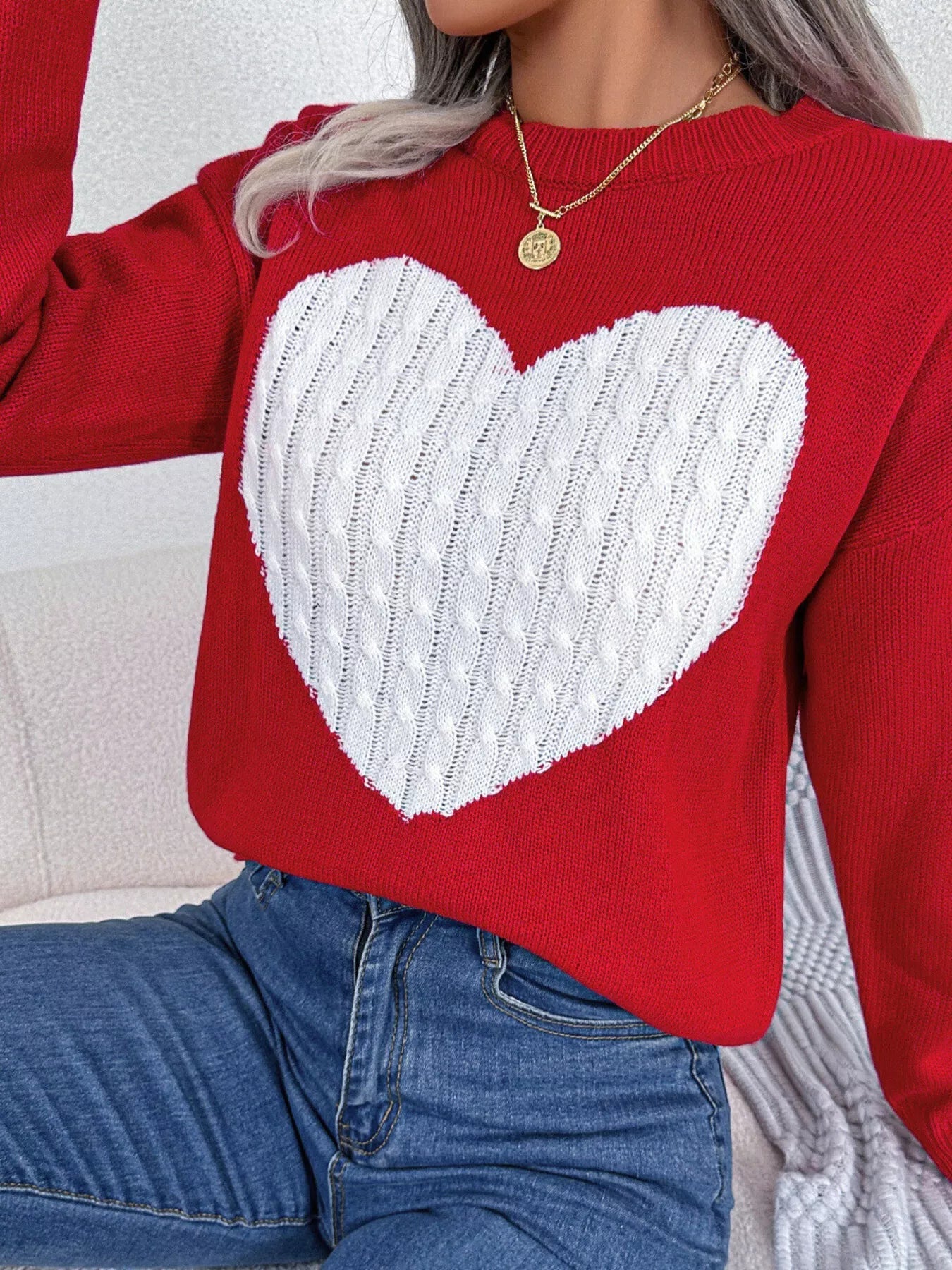 Cable Knit Heart Round Neck Sweater designed for comfort and style at Lookzlike