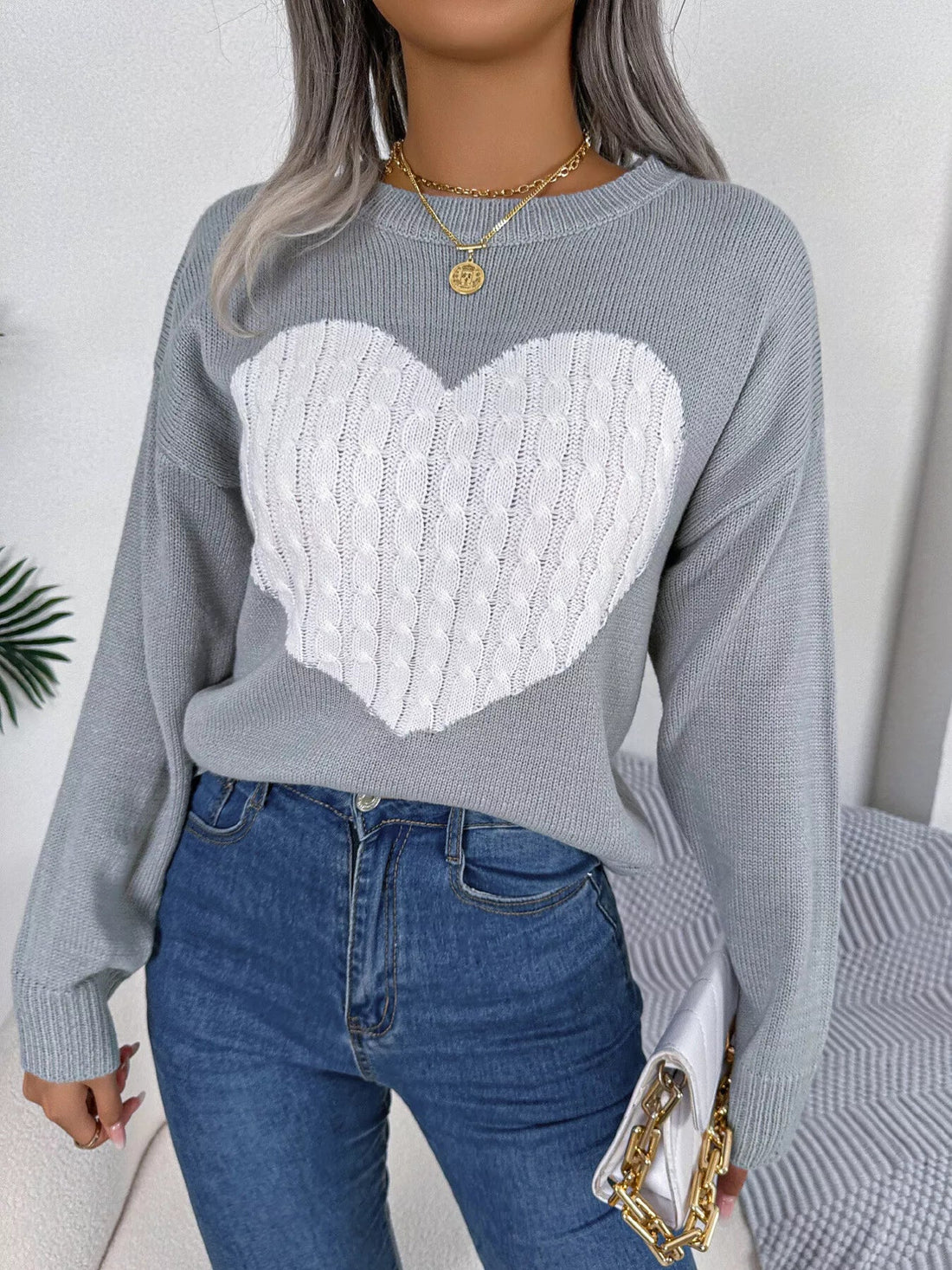 Cable Knit Heart Round Neck Sweater designed for comfort and style at Lookzlike