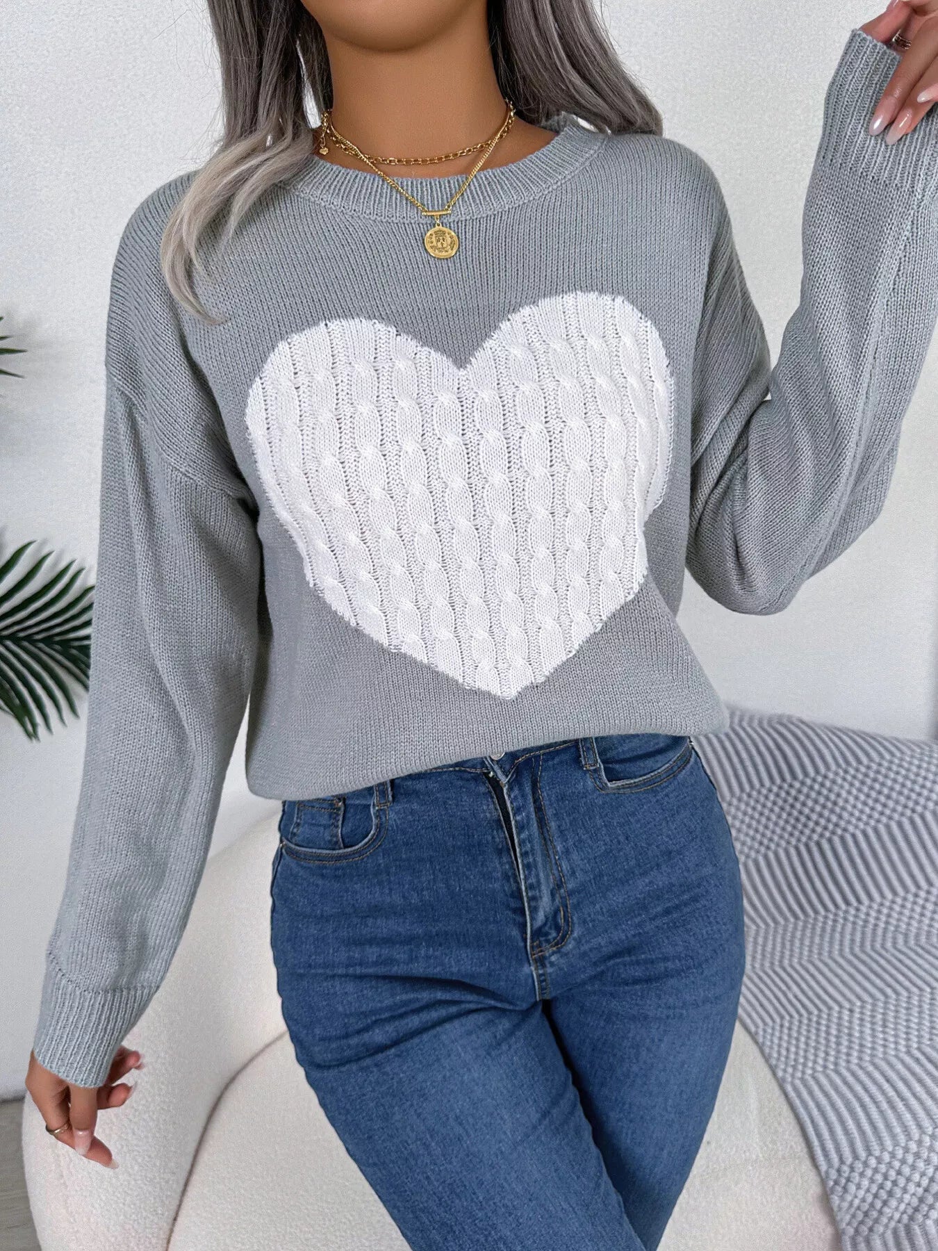 Cable Knit Heart Round Neck Sweater designed for comfort and style at Lookzlike