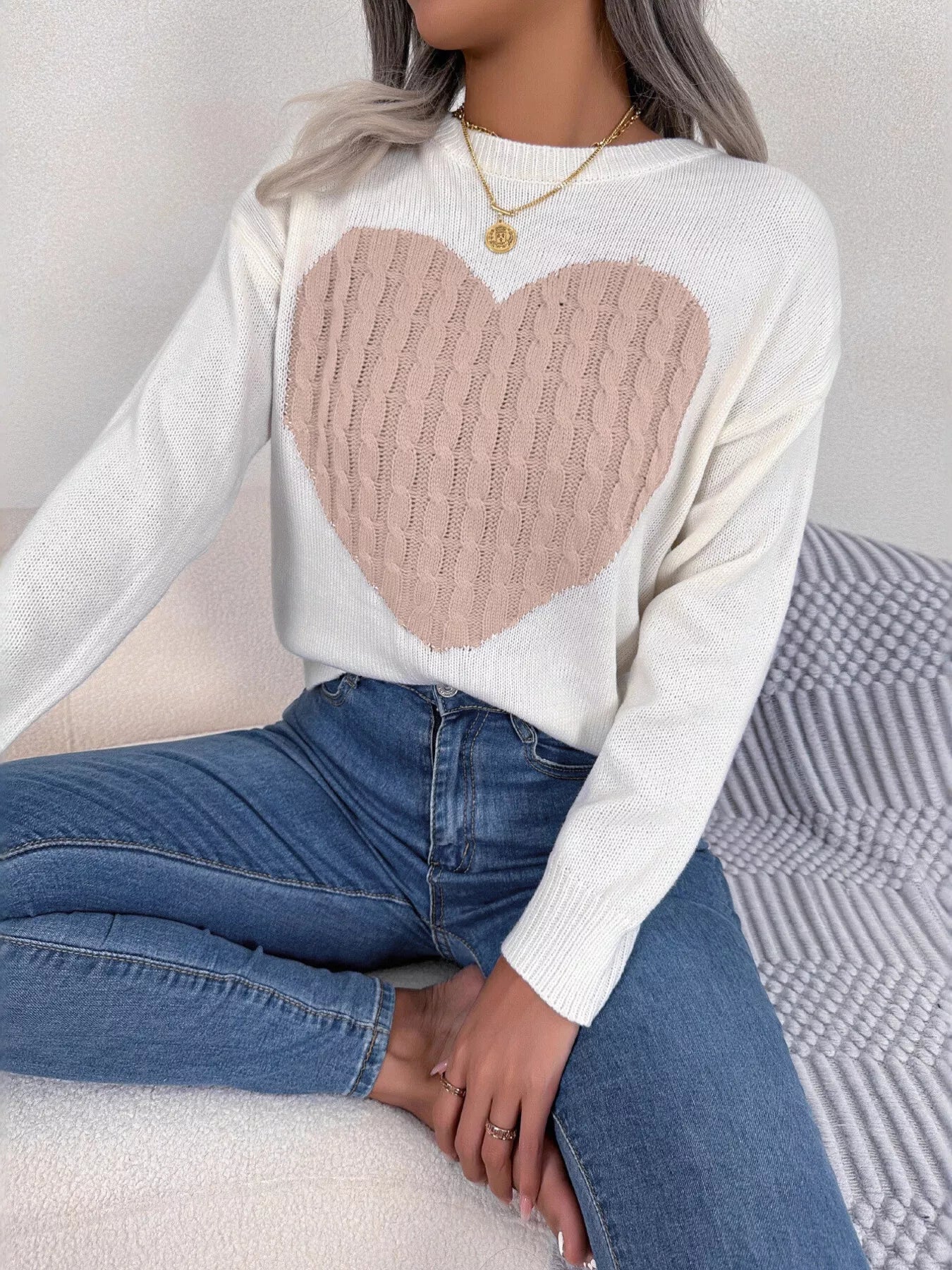 Cable Knit Heart Round Neck Sweater designed for comfort and style at Lookzlike
