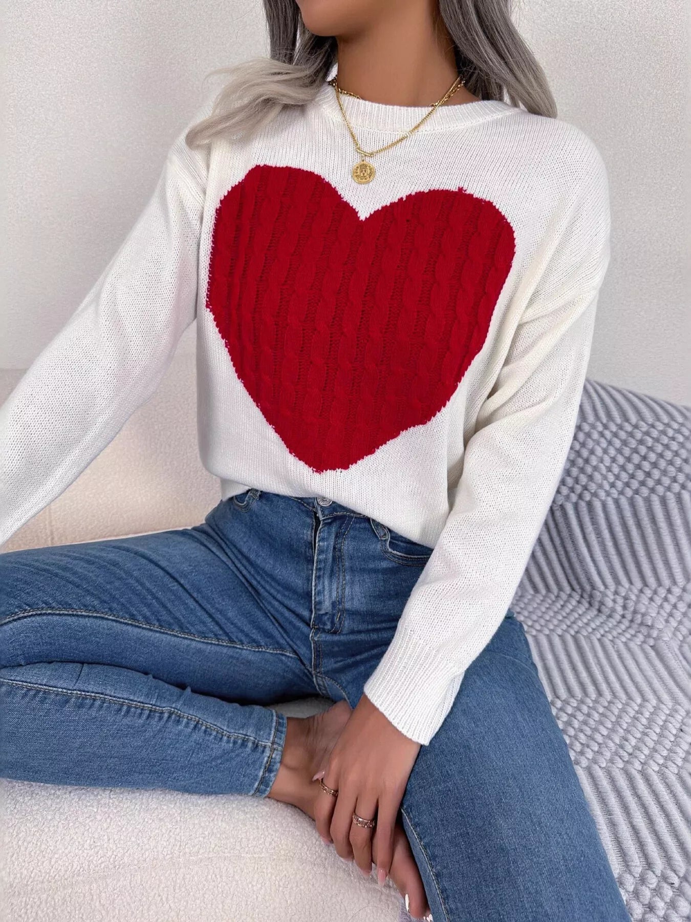 Cable Knit Heart Round Neck Sweater designed for comfort and style at Lookzlike