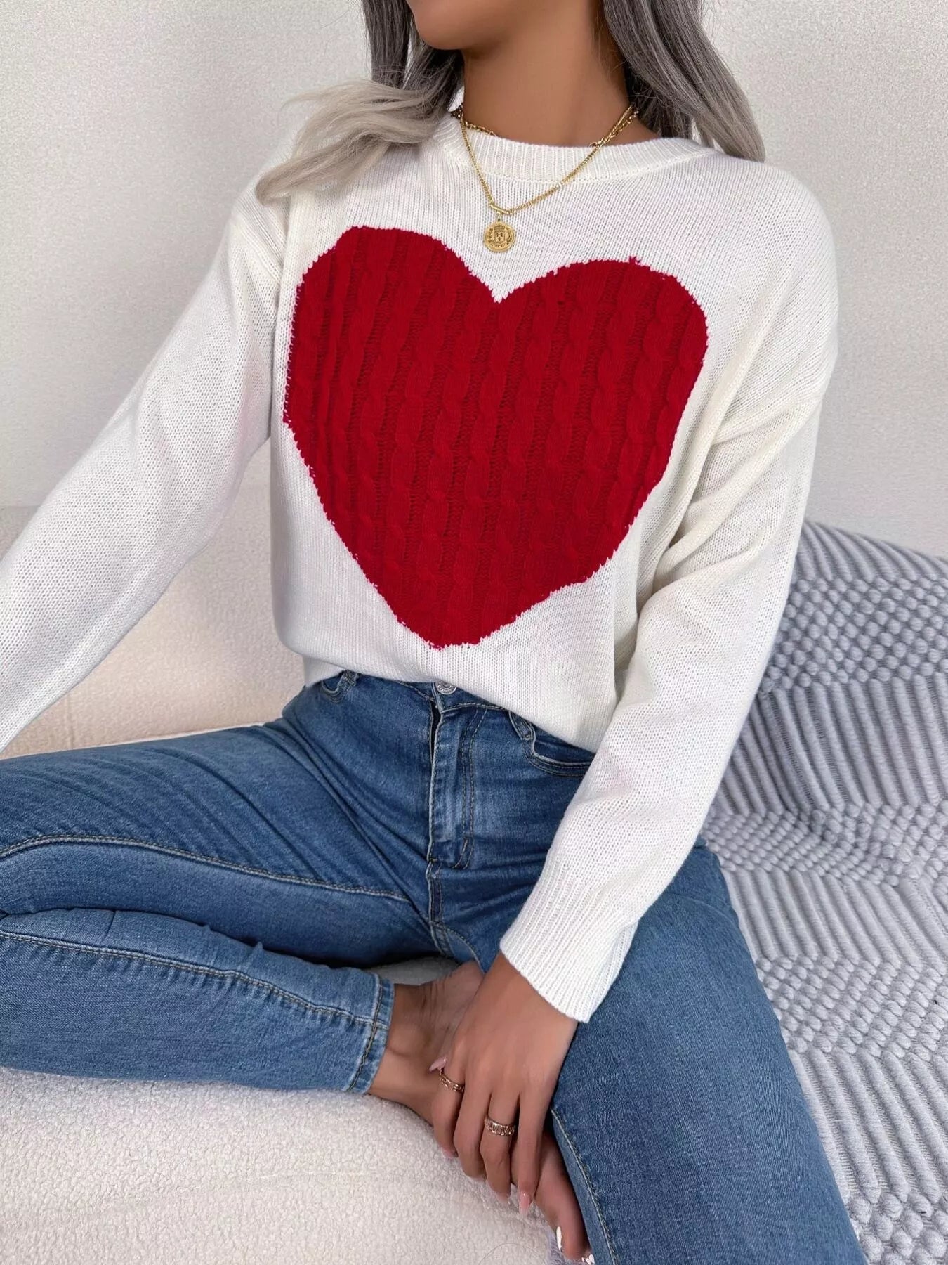 Cable Knit Heart Round Neck Sweater designed for comfort and style at Lookzlike
