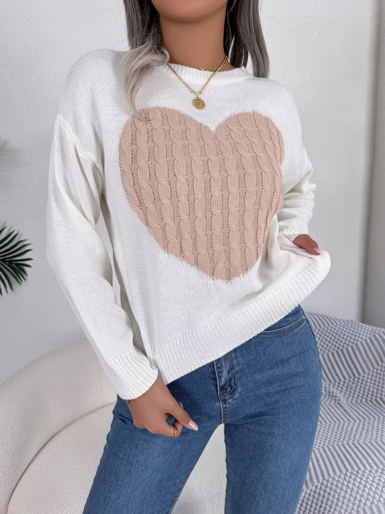 Cable Knit Heart Round Neck Sweater designed for comfort and style at Lookzlike