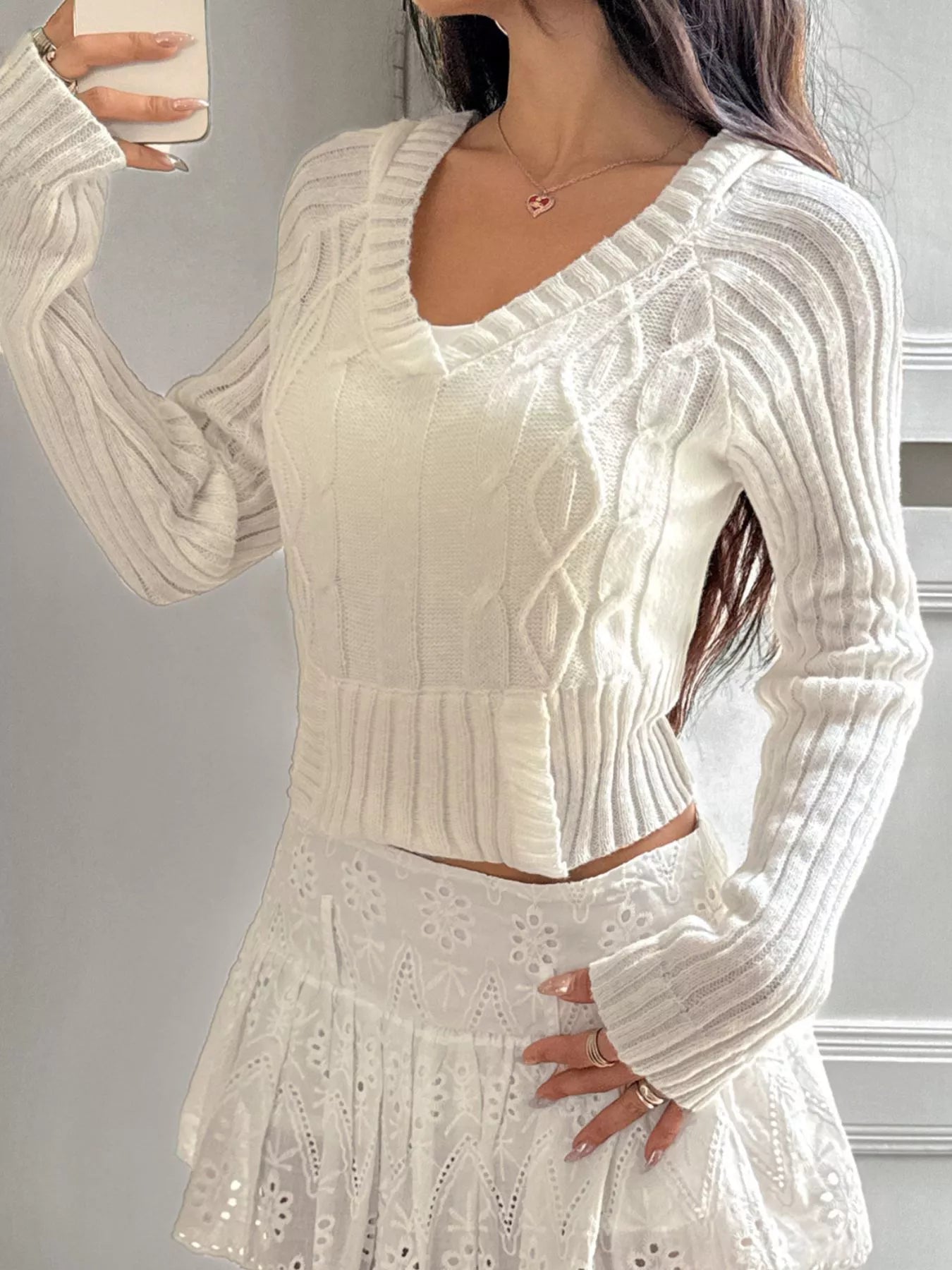 Cable - Knit Long Sleeve Hooded Sweater designed for comfort and style at Lookzlike