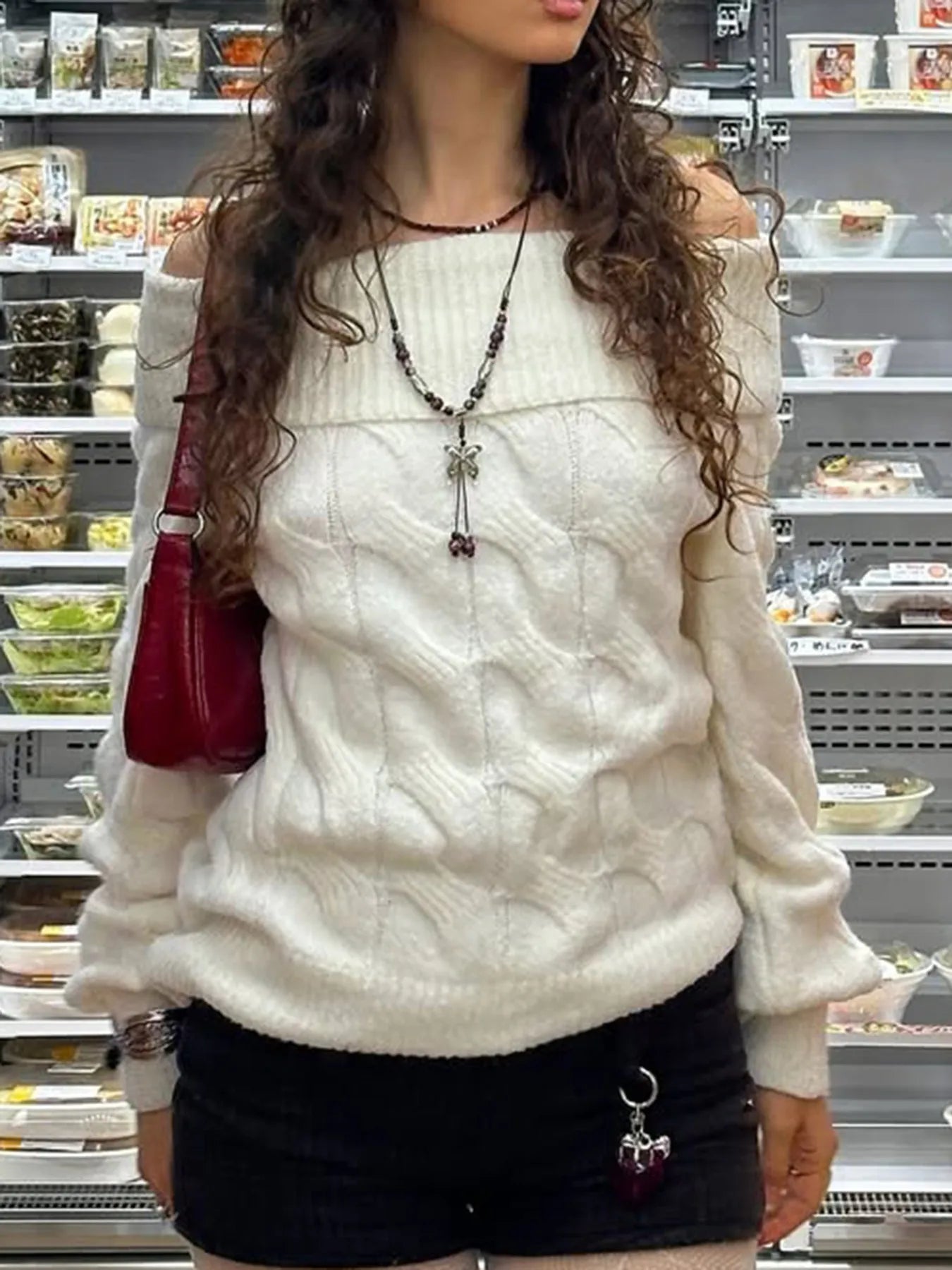 Cable Knit Off - Shoulder Sweater designed for comfort and style at Lookzlike