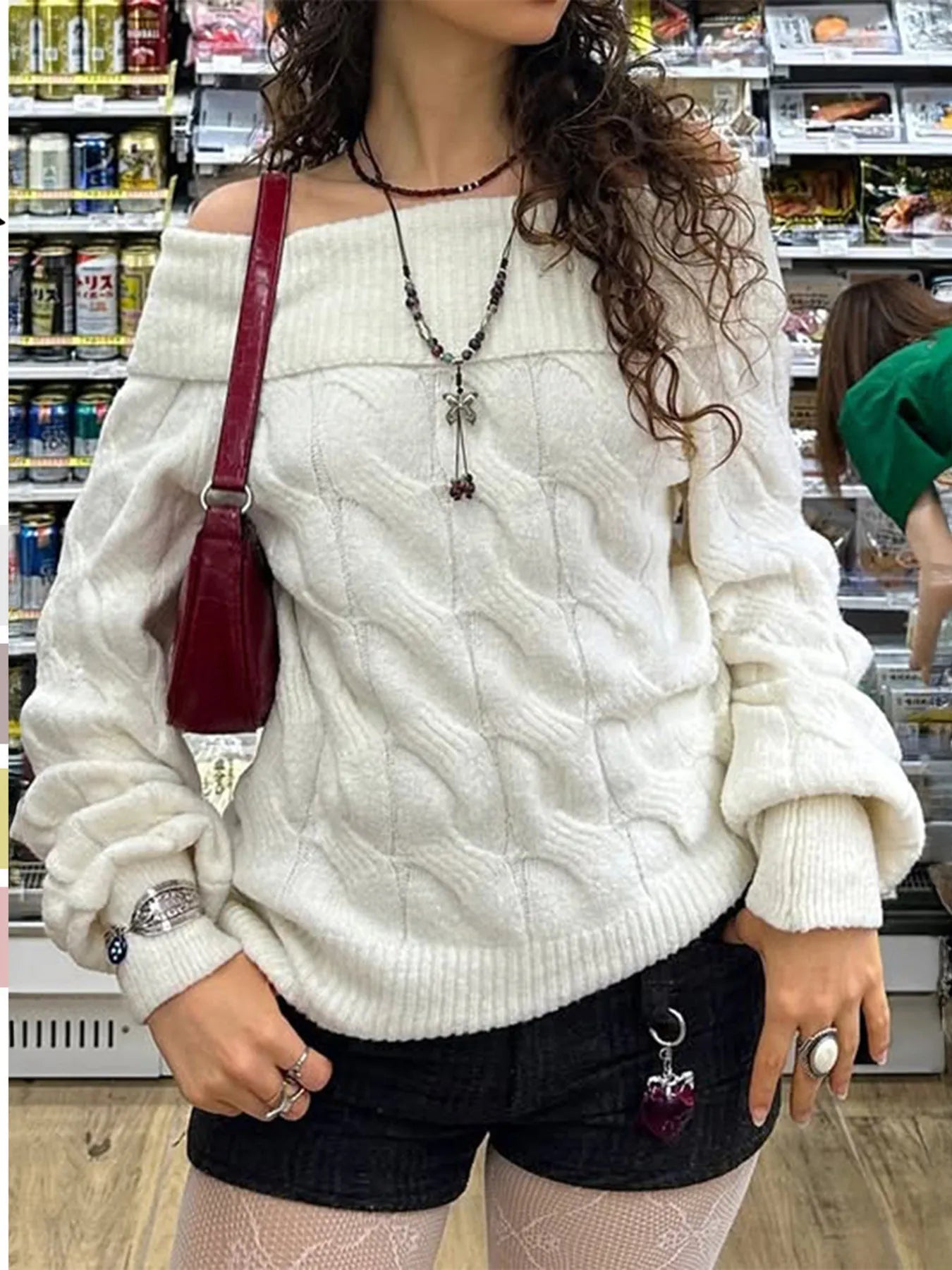 Cable Knit Off - Shoulder Sweater designed for comfort and style at Lookzlike