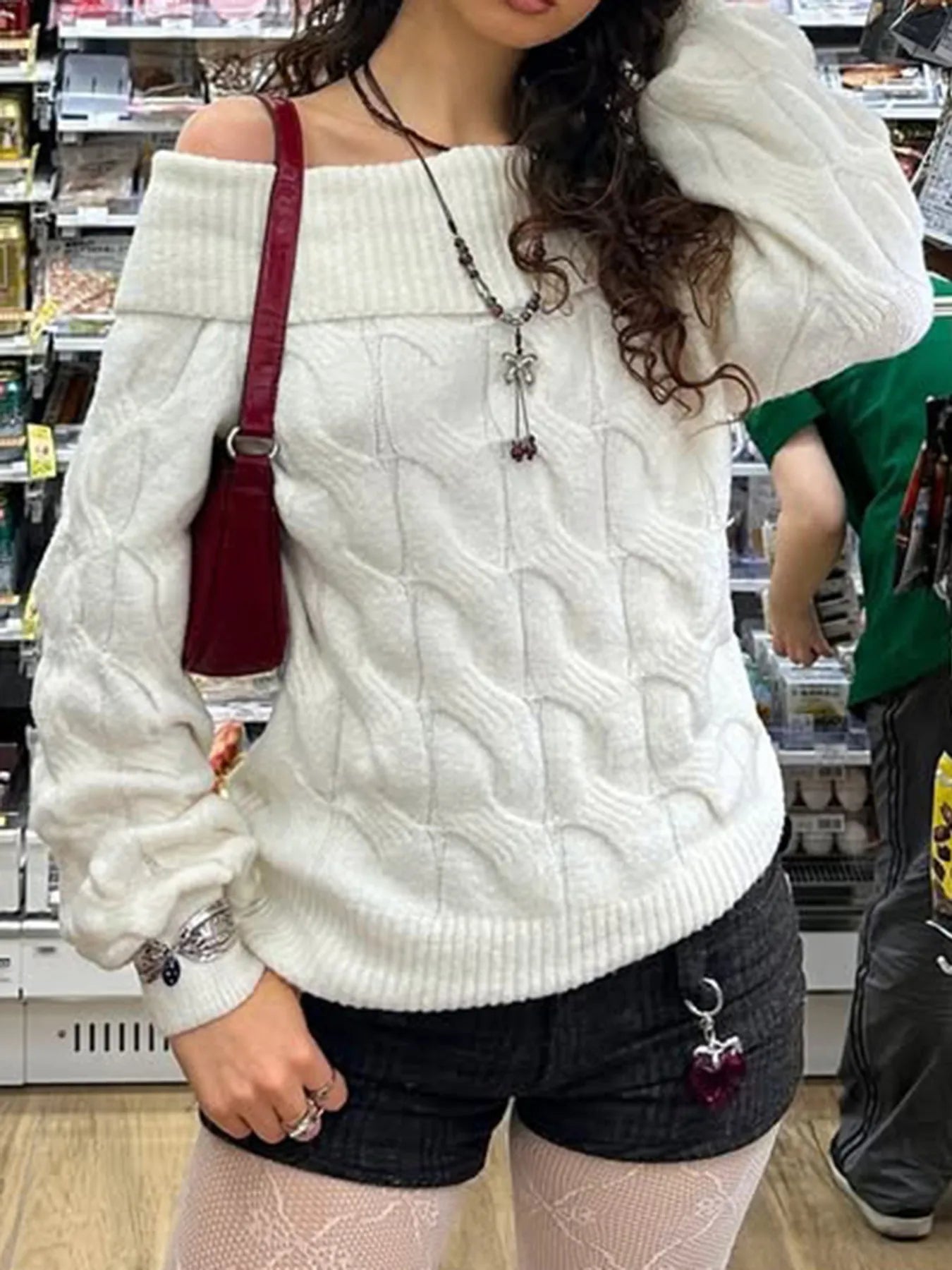Cable Knit Off - Shoulder Sweater designed for comfort and style at Lookzlike