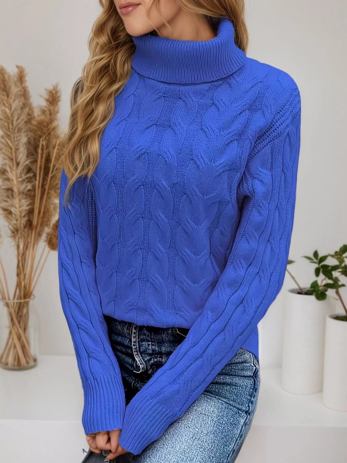 Cable Knit Turtleneck Long Sleeve Sweater designed for comfort and style at Lookzlike
