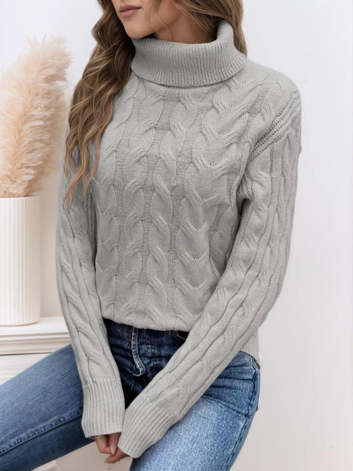Cable Knit Turtleneck Long Sleeve Sweater designed for comfort and style at Lookzlike