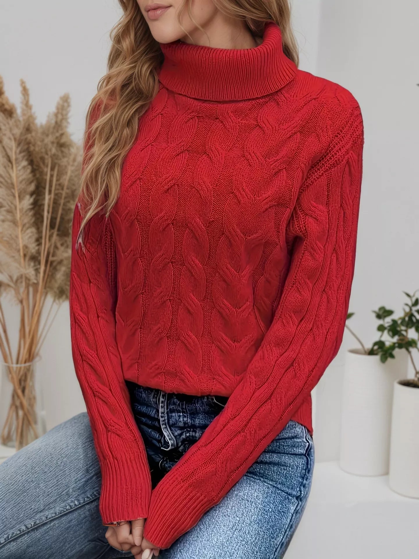 Cable Knit Turtleneck Long Sleeve Sweater designed for comfort and style at Lookzlike