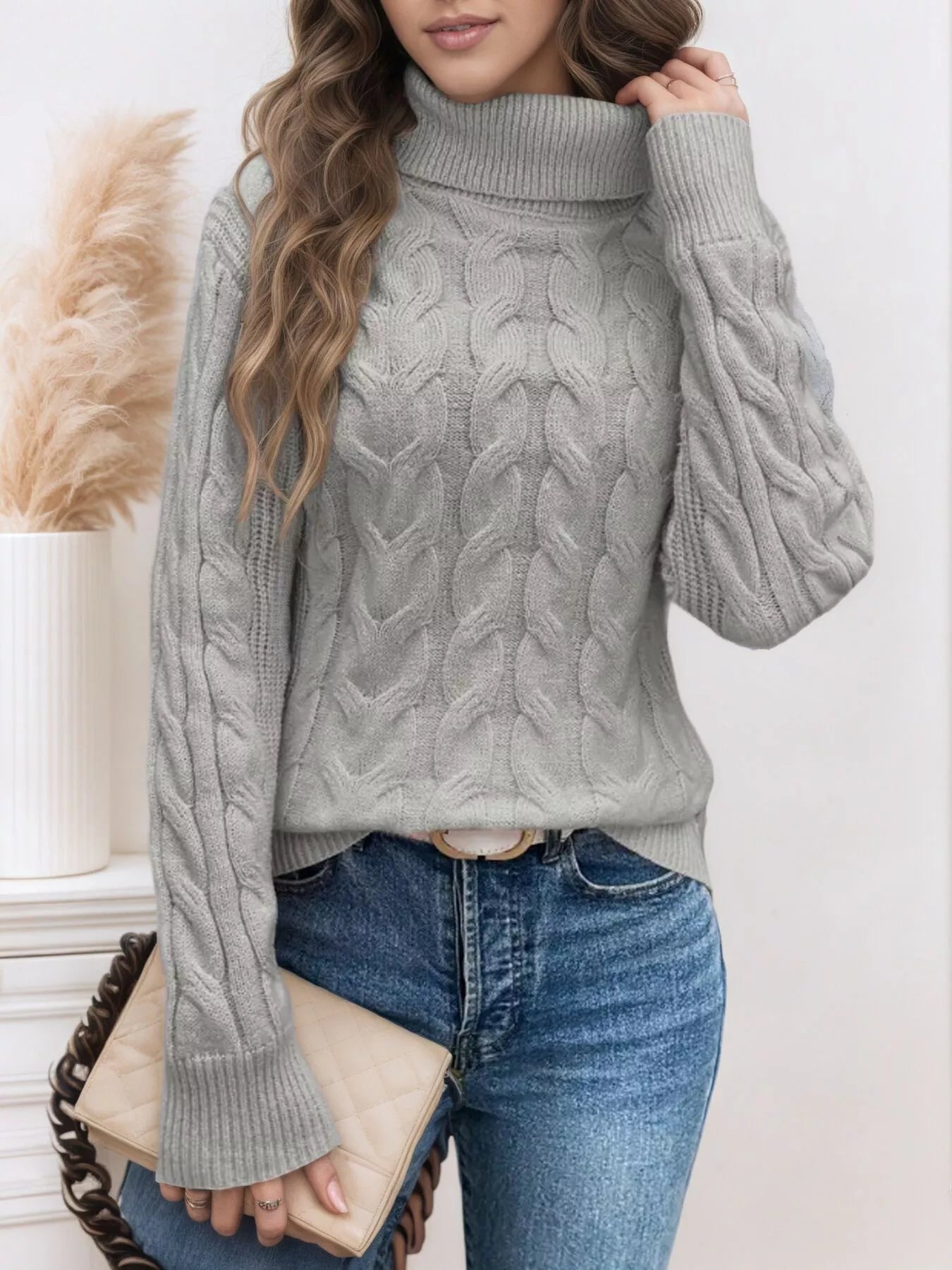 Cable Knit Turtleneck Long Sleeve Sweater designed for comfort and style at Lookzlike