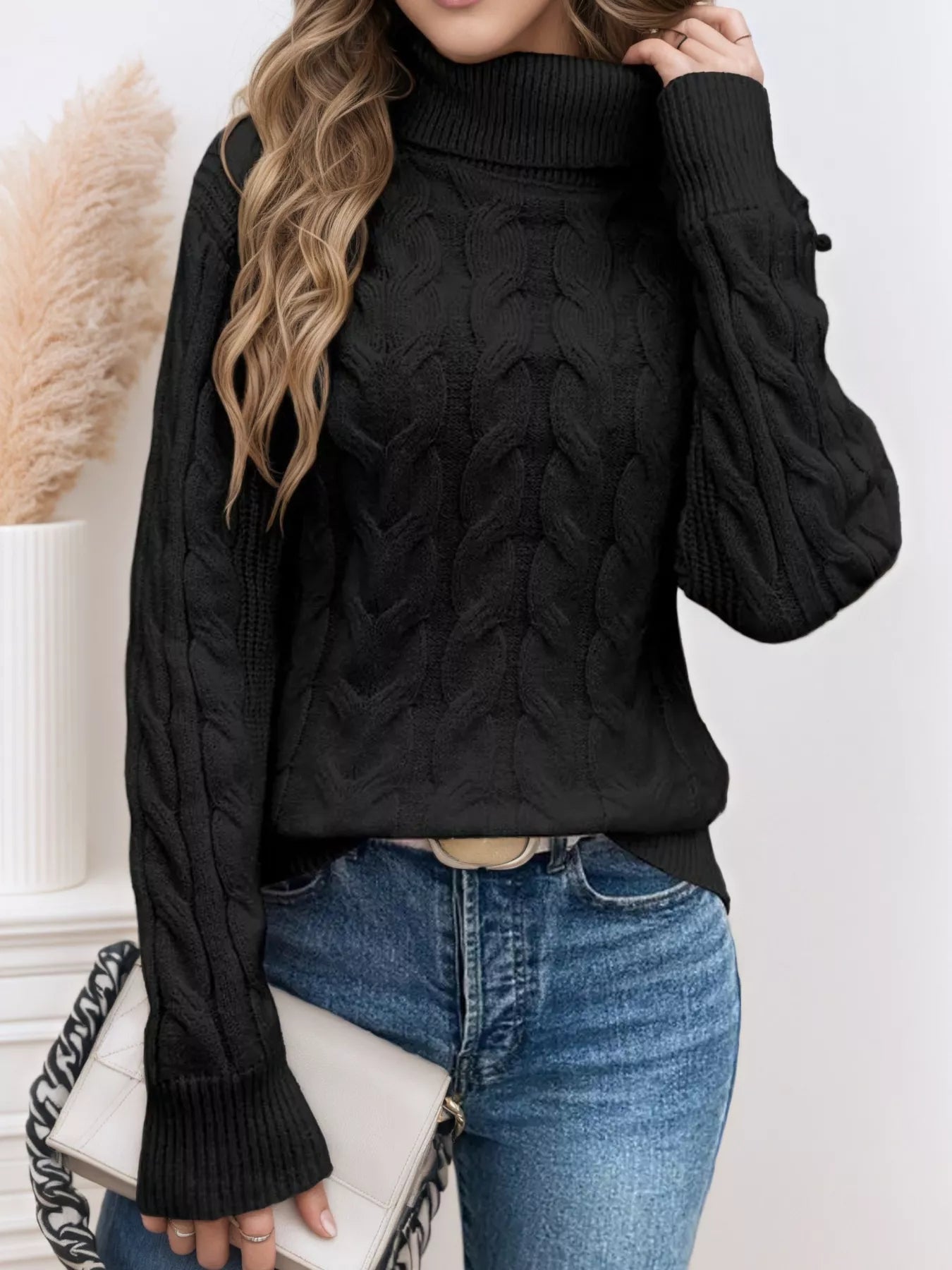 Cable Knit Turtleneck Long Sleeve Sweater designed for comfort and style at Lookzlike