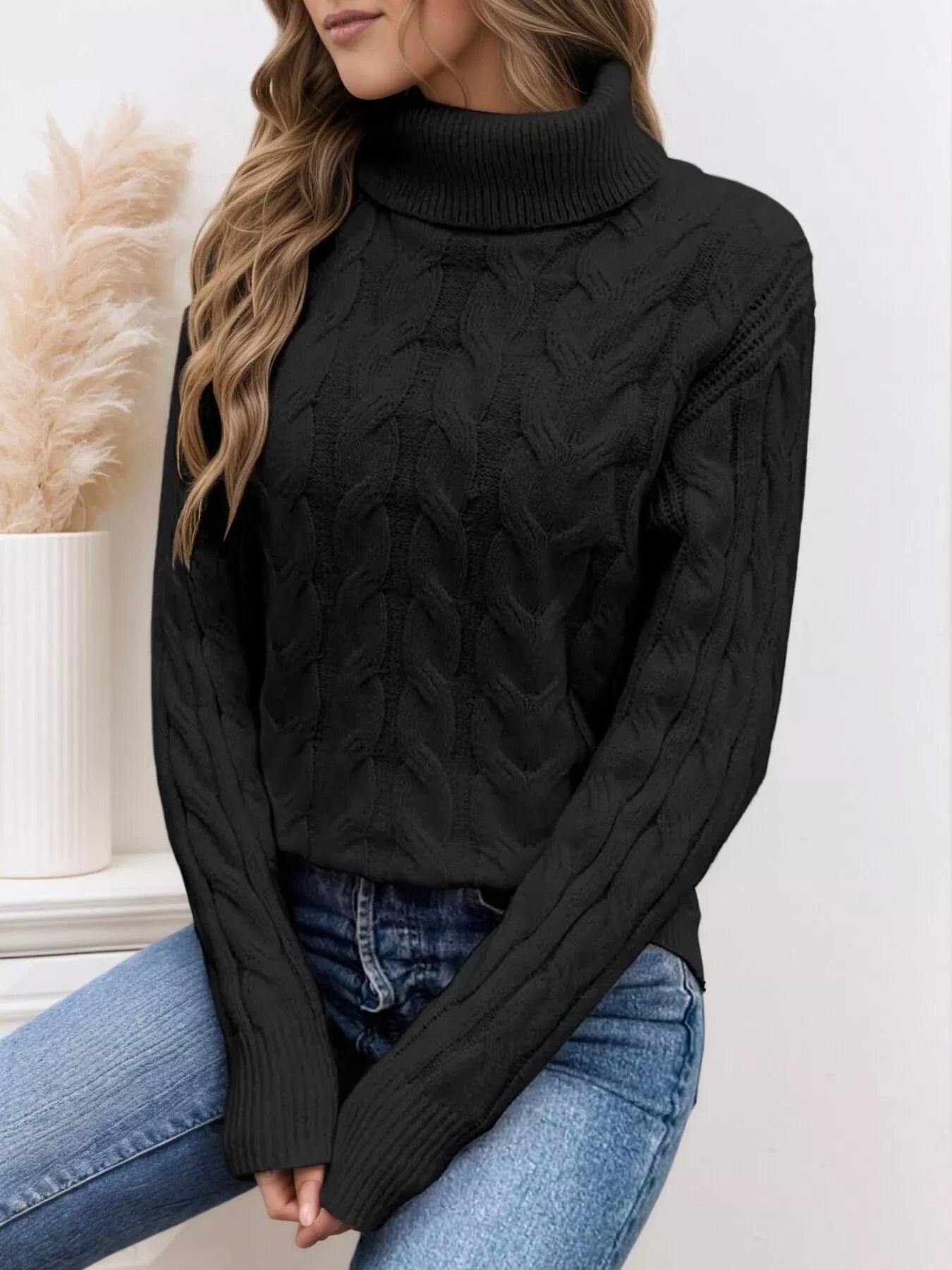 Cable Knit Turtleneck Long Sleeve Sweater designed for comfort and style at Lookzlike