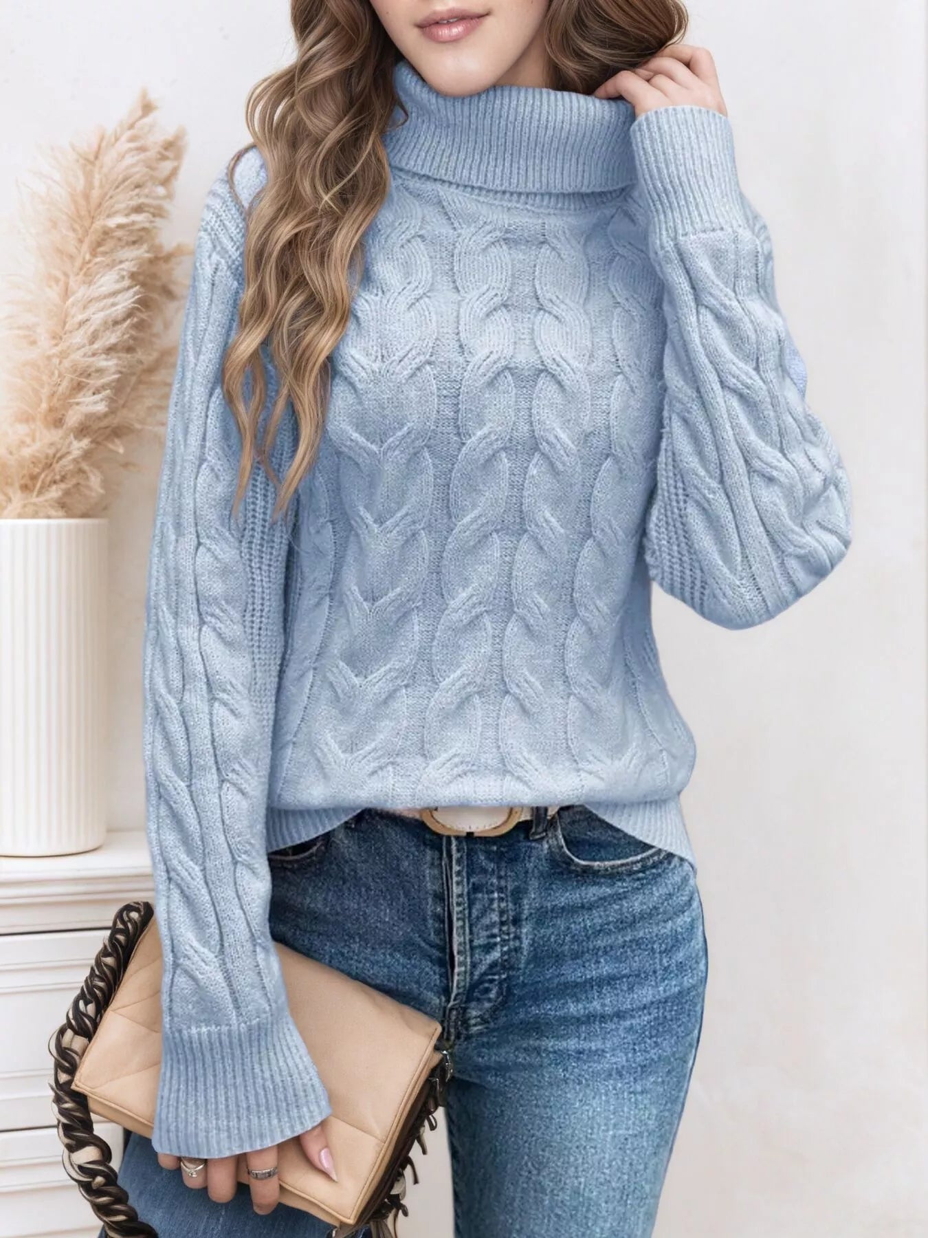 Cable Knit Turtleneck Long Sleeve Sweater designed for comfort and style at Lookzlike