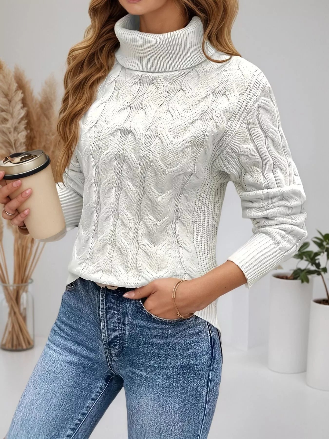 Cable Knit Turtleneck Long Sleeve Sweater designed for comfort and style at Lookzlike