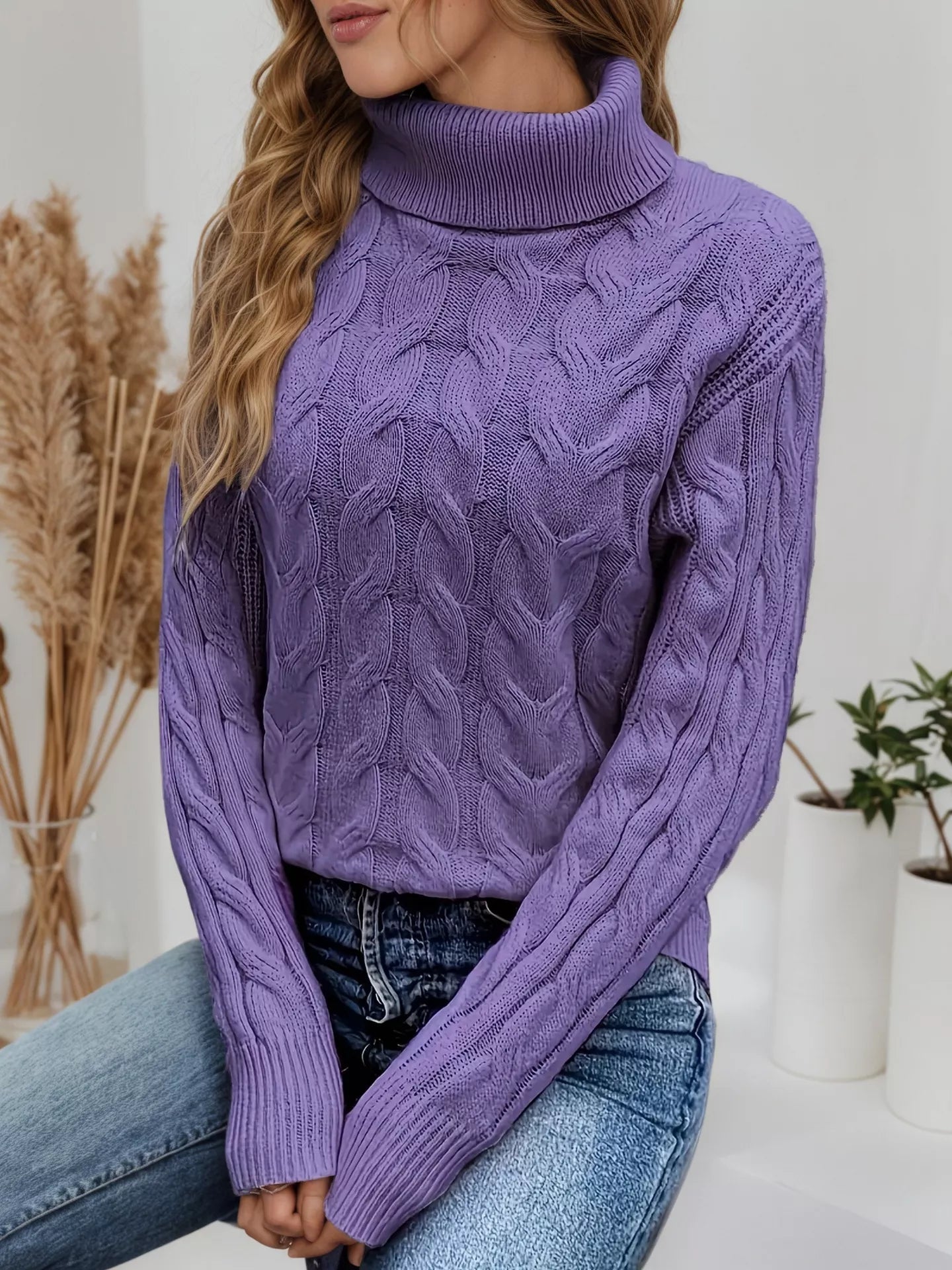 Cable Knit Turtleneck Long Sleeve Sweater designed for comfort and style at Lookzlike