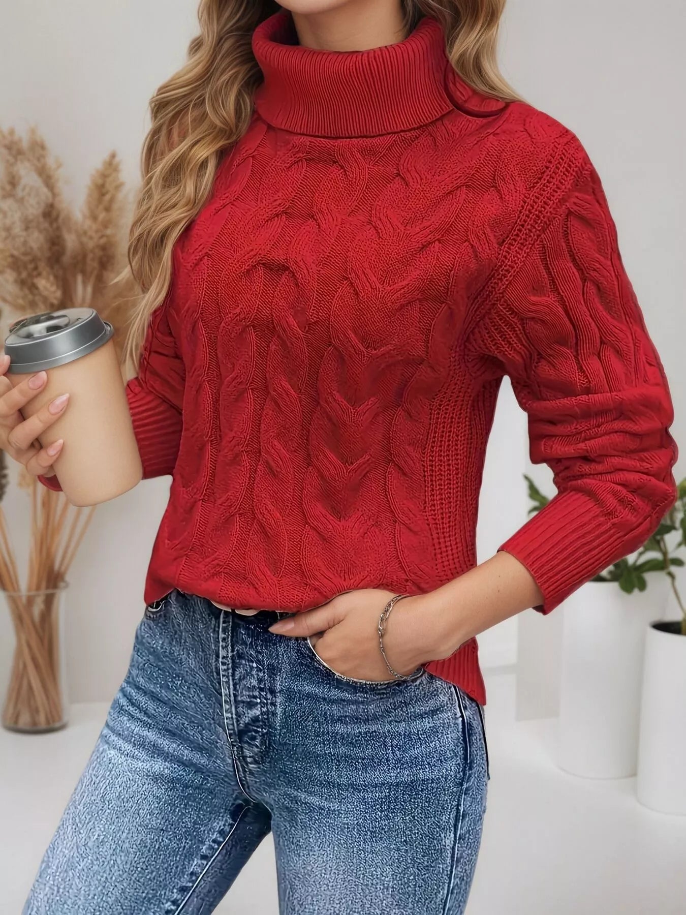Cable Knit Turtleneck Long Sleeve Sweater designed for comfort and style at Lookzlike