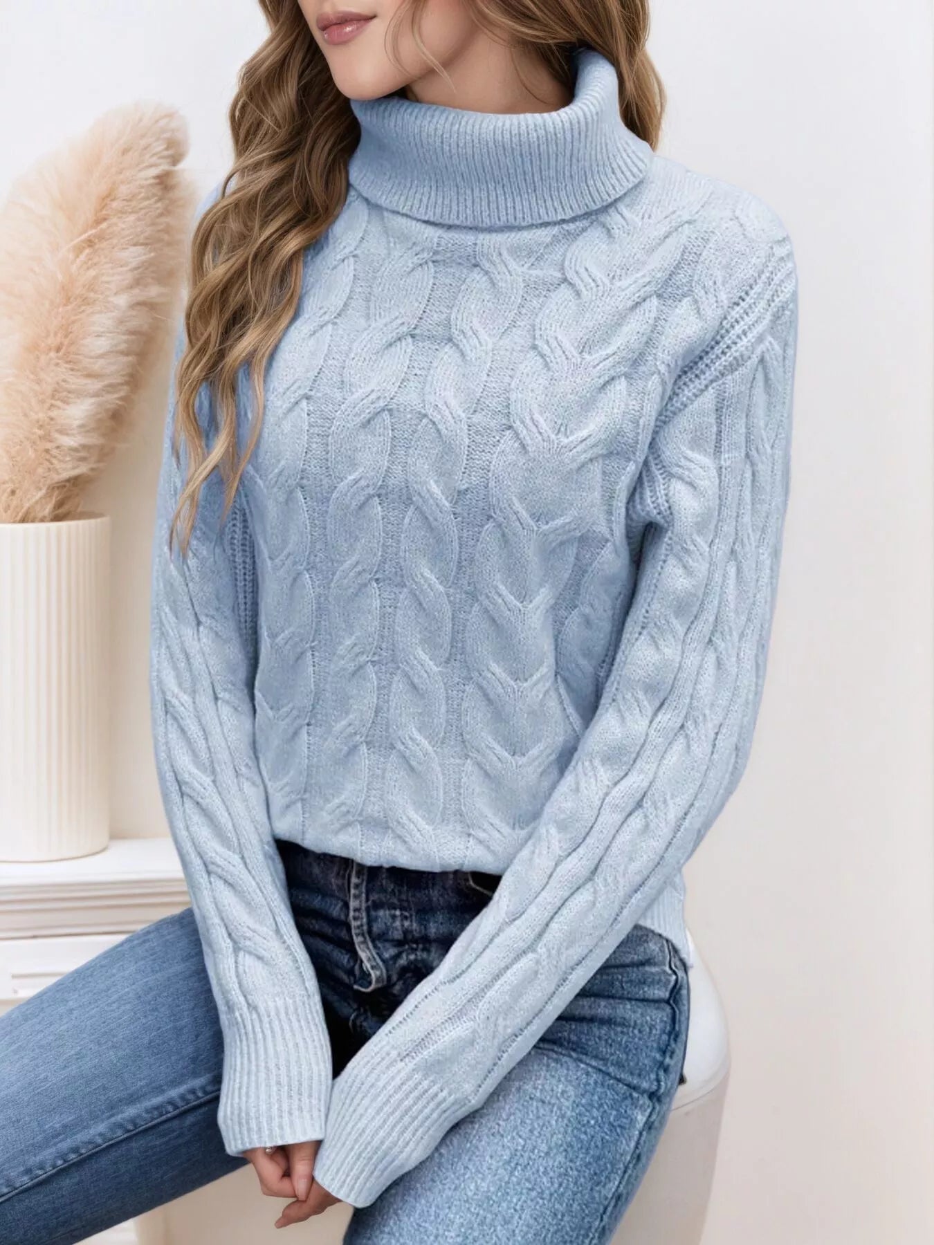 Cable Knit Turtleneck Long Sleeve Sweater designed for comfort and style at Lookzlike
