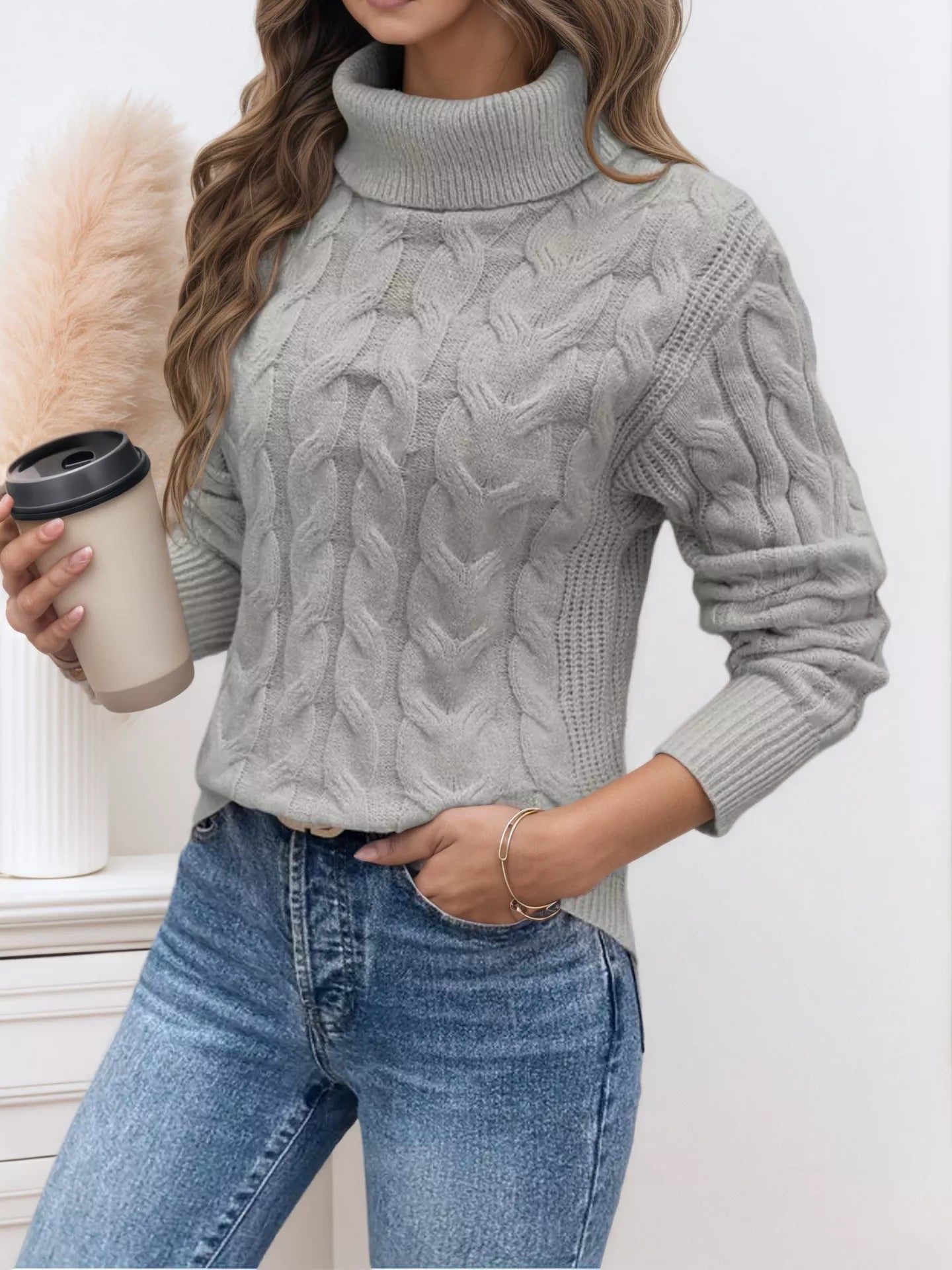 Cable Knit Turtleneck Long Sleeve Sweater designed for comfort and style at Lookzlike