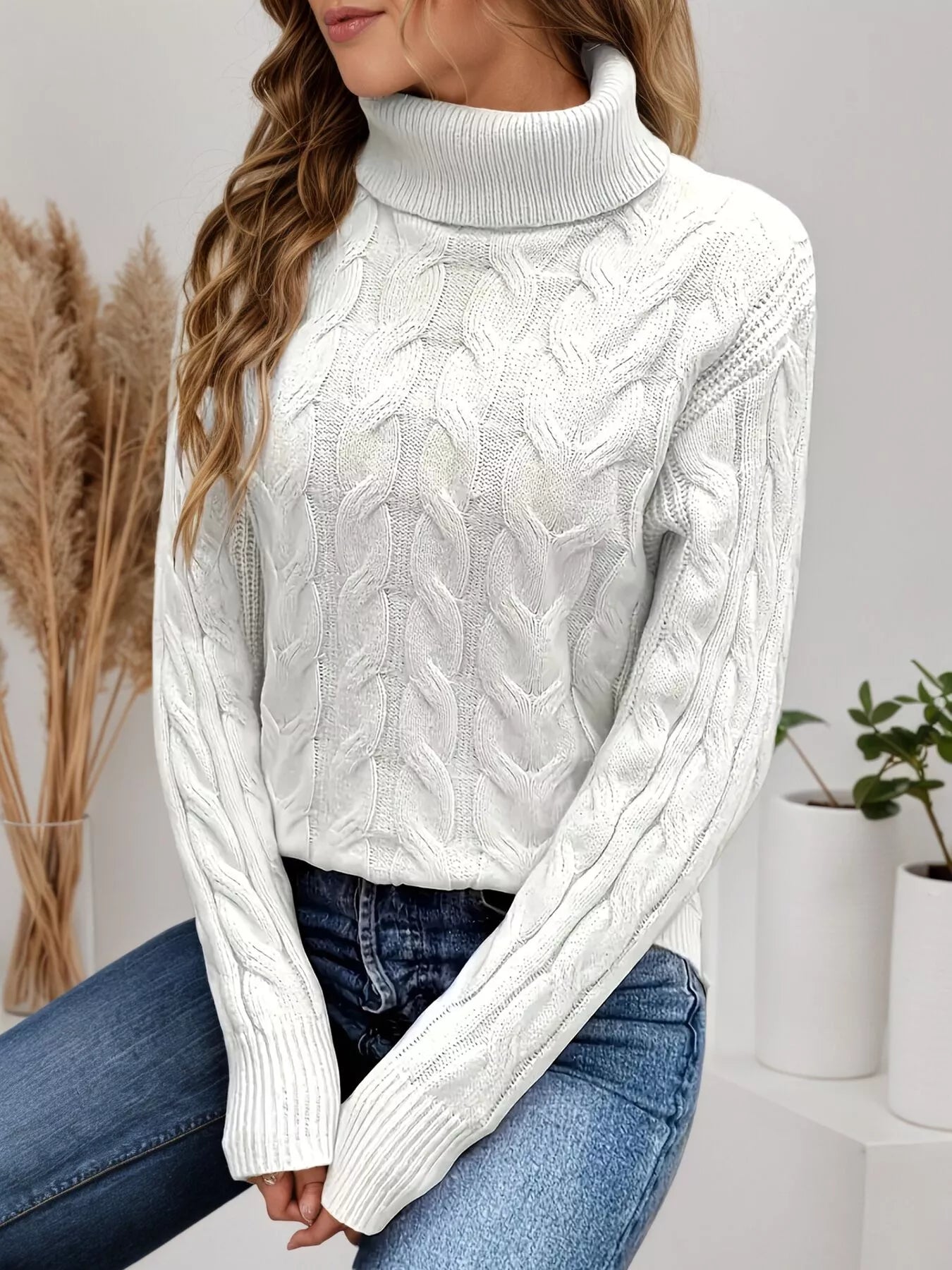 Cable Knit Turtleneck Long Sleeve Sweater designed for comfort and style at Lookzlike