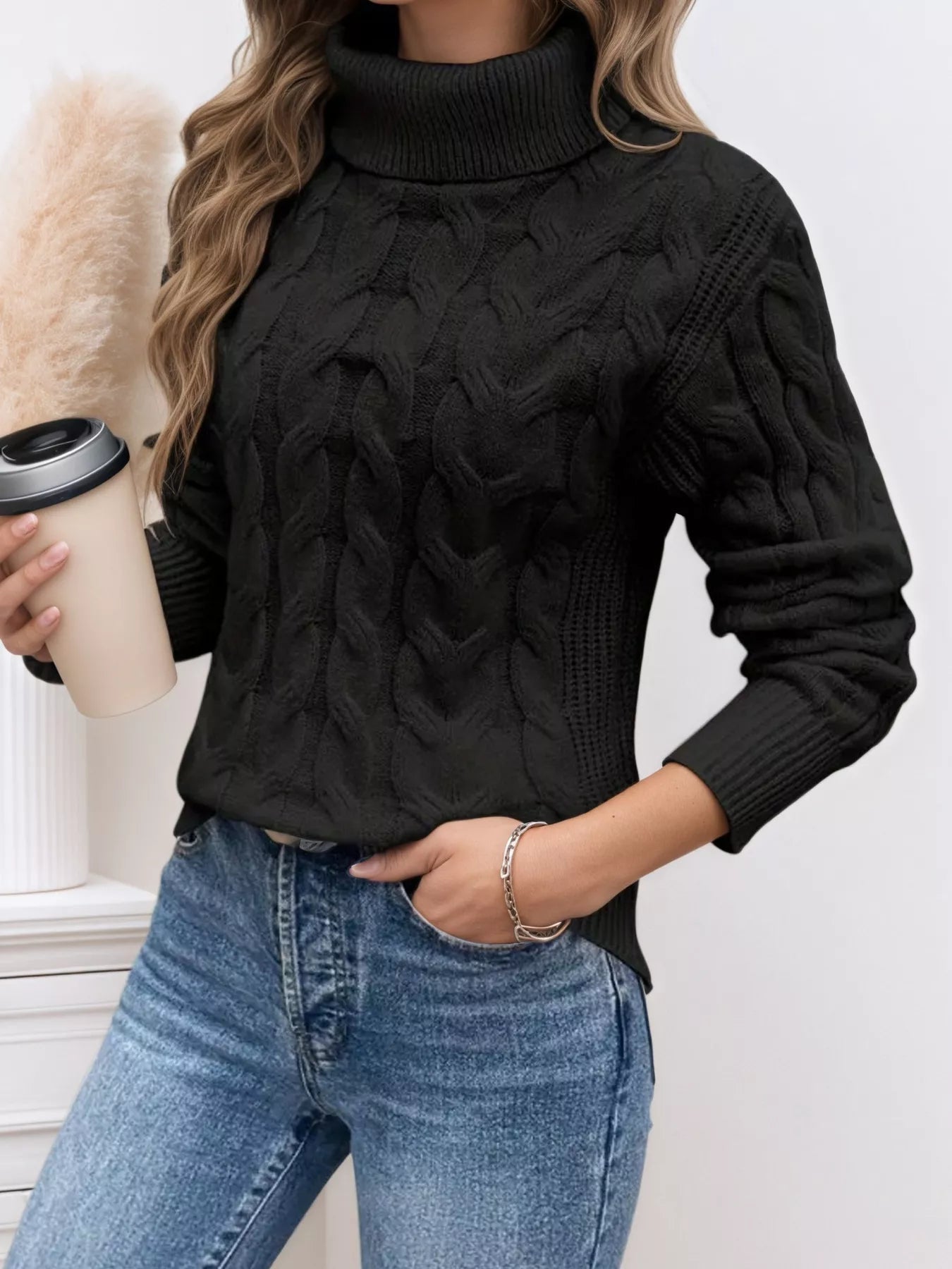 Cable Knit Turtleneck Long Sleeve Sweater designed for comfort and style at Lookzlike