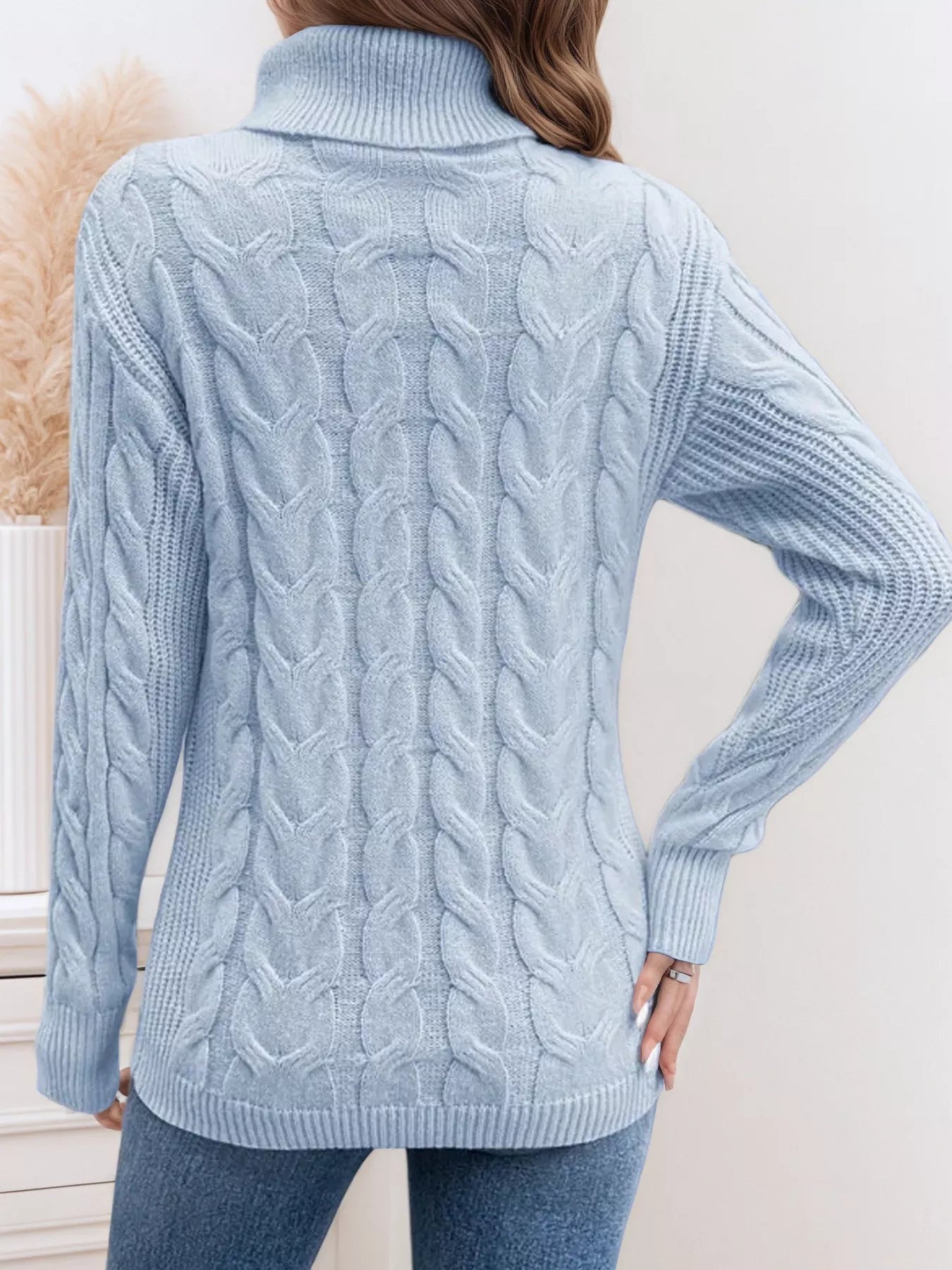 Cable Knit Turtleneck Long Sleeve Sweater designed for comfort and style at Lookzlike