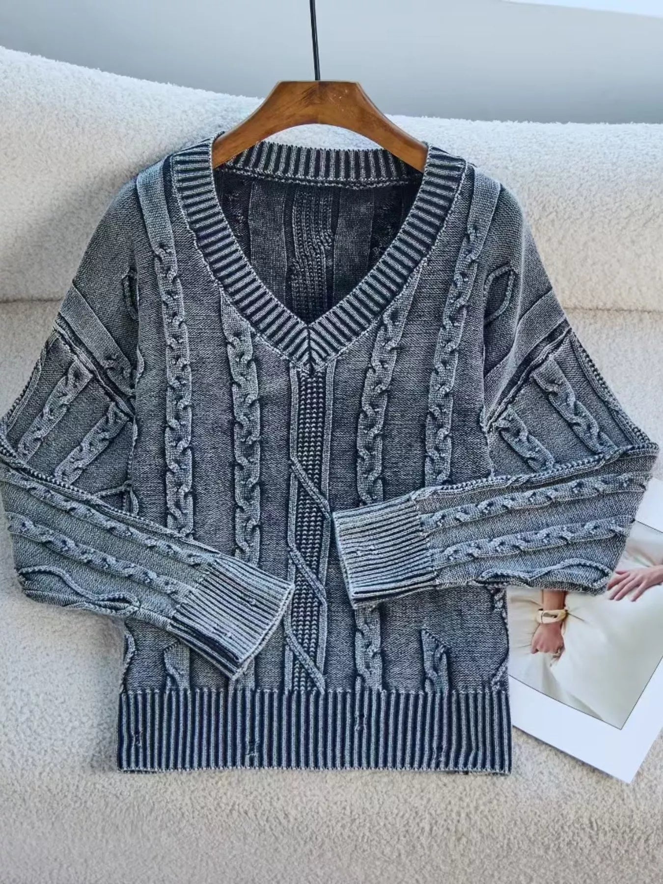 Cable Knit V - Neck Sweater designed for comfort and style at Lookzlike